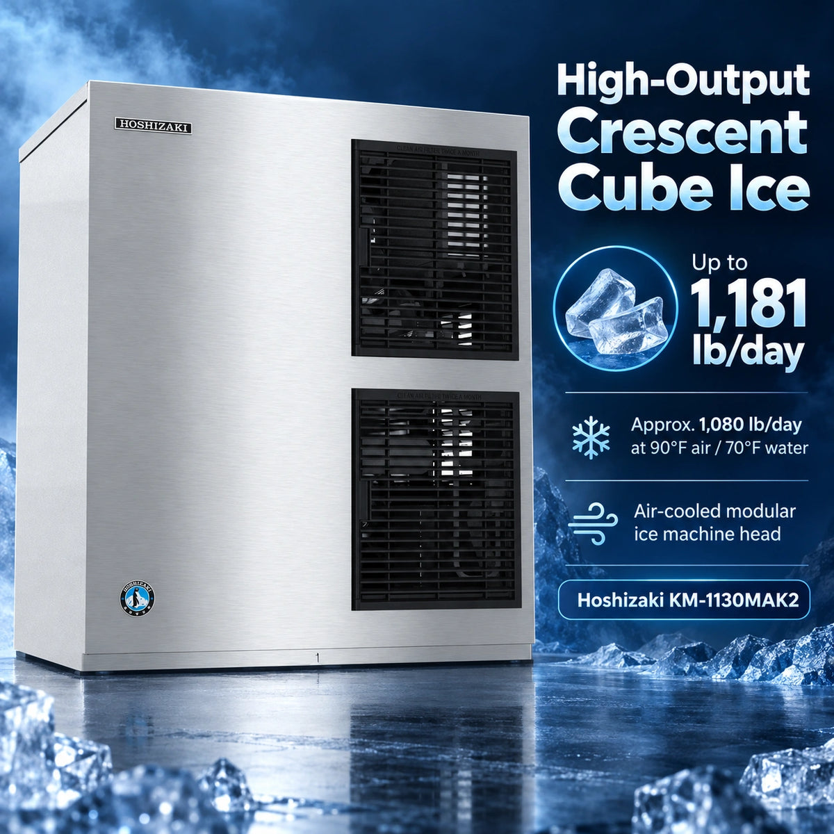 Hoshizaki KM-1130MAK2 30-Inch Air-Cooled Crescent Cube Ice Machine Head - 1181 lb/Day