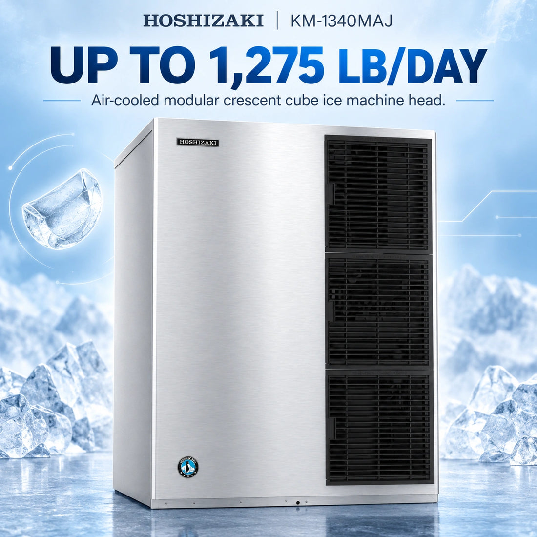 A commercial ice machine by Fortitude, featuring a brushed stainless steel exterior with a large black front-facing cooling grille on the right side and a small circular logo badge near the bottom left corner.