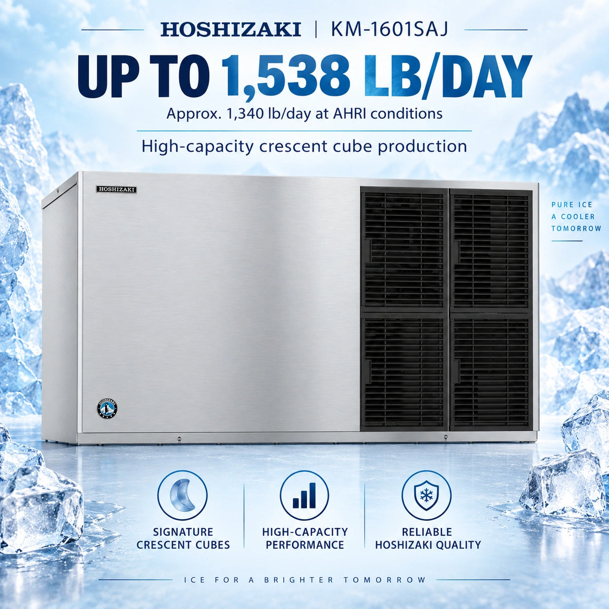 Hoshizaki KM-1601SAJ high-capacity ice machine in a brushed silver finish with black front grilles, shown against a icy blue background with text highlighting up to 1,538 lb/day production and three feature icons below.
