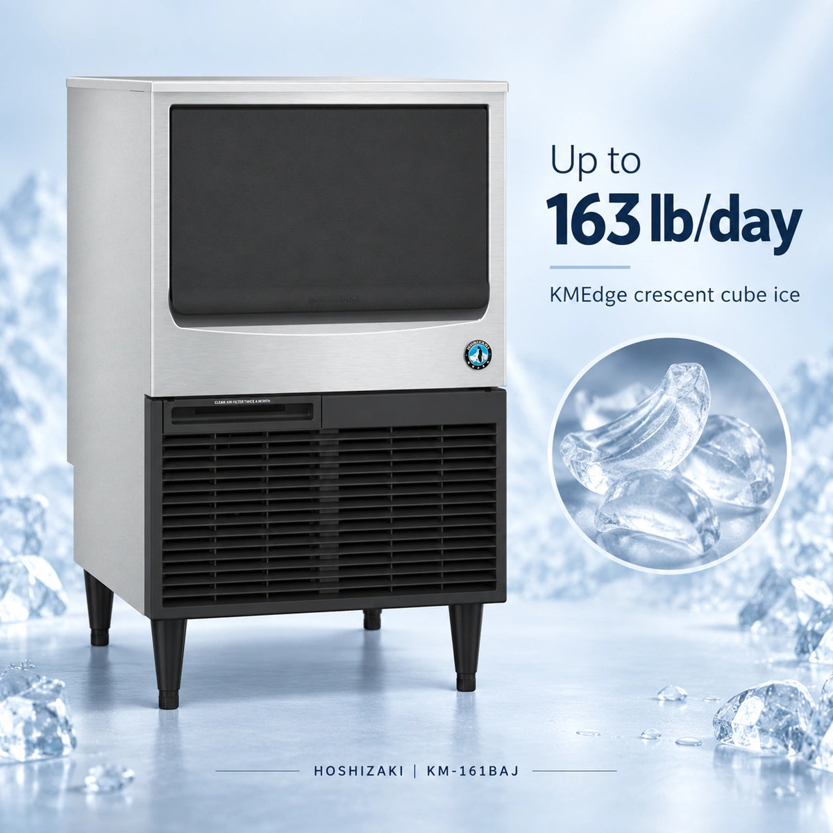 A commercial ice machine with a brushed silver metal exterior and black front grille, shown on a icy blue background with text reading 'Up to 163 lb/day' and a circular inset of clear crescent ice cubes. Brand text at the bottom reads HOSHIZAKI | KM-161BAJ.