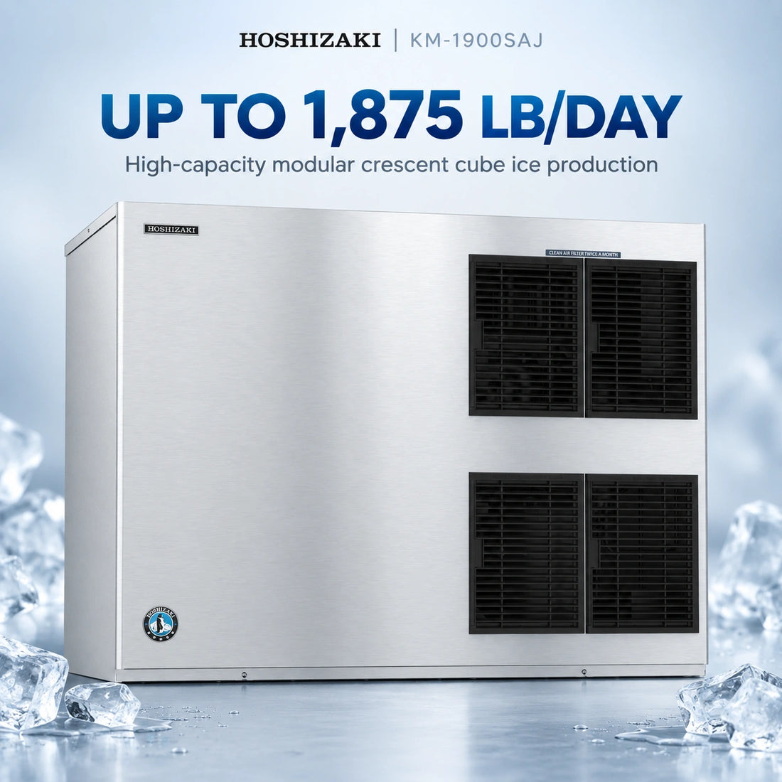 A stainless steel commercial ice machine with black ventilation grates on the front, photographed against a solid white background.