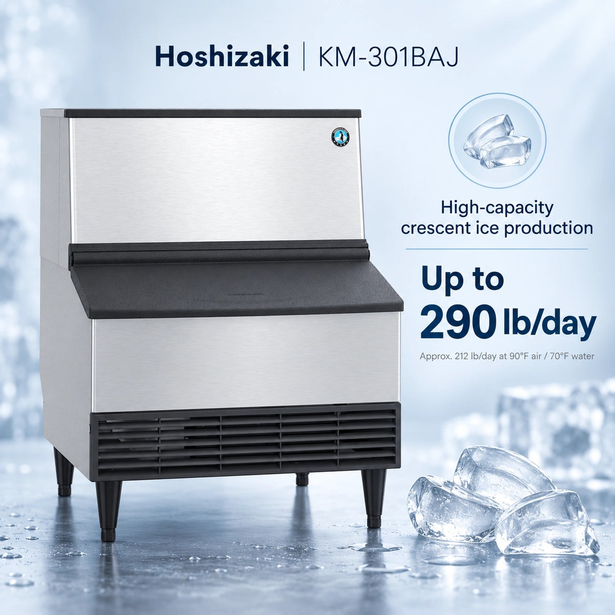 Hoshizaki KM-301BAJ commercial ice machine in stainless steel and black, shown on a cool blue icy background with text highlighting high-capacity crescent ice production up to 290 lb/day and ice cubes on the floor.