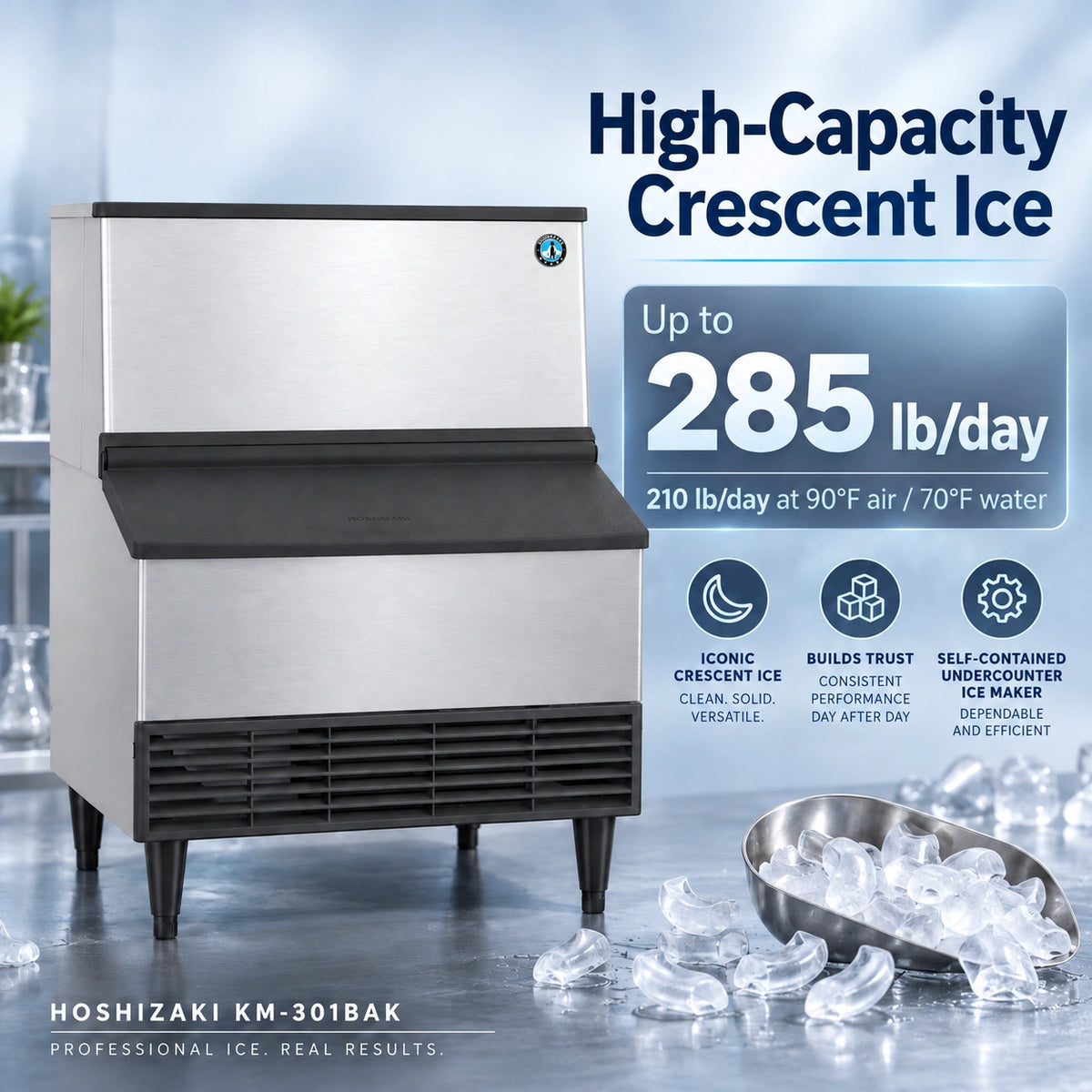 Hoshizaki KM-301A1 high-capacity crescent ice machine in stainless steel and black, shown with ice cubes and a metal scoop in a bright commercial kitchen setting. Text highlights up to 285 lb/day production and features like iconic crescent ice and self-contained undercounter storage.