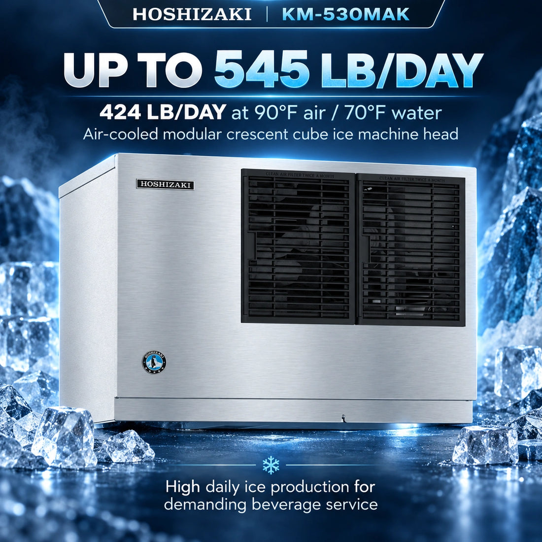 Hoshizaki KM-530MAK air-cooled modular crescent cube ice machine head in brushed stainless steel, shown with large promotional text and icy background graphics. The machine has black front grilles and a visible Hoshizaki logo on the upper left side.