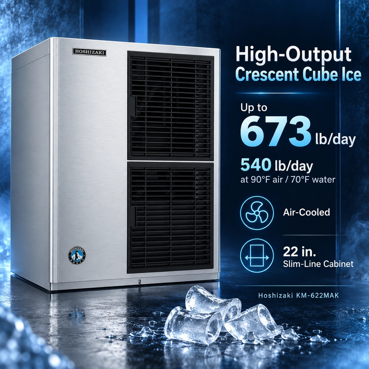 Hoshizaki KM-622MAK 22-Inch Air-Cooled Crescent Cube Ice Machine Head - 673 lb/Day