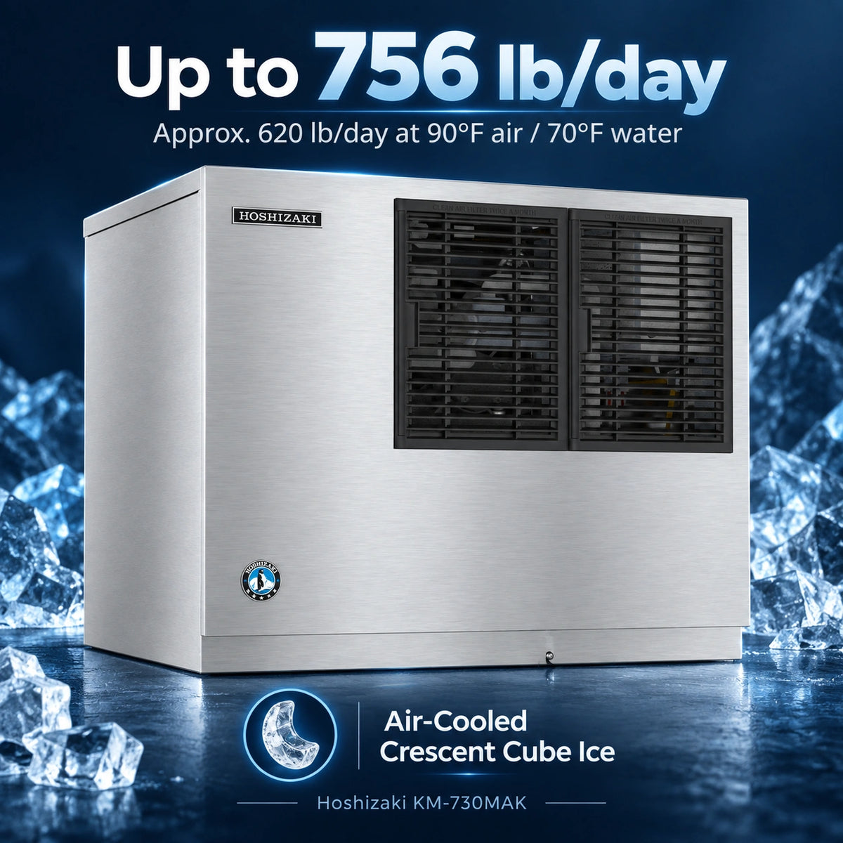 A Hoshizaki air-cooled crescent cube ice machine in brushed stainless steel, shown with promotional text reading 'Up to 756 lb/day' and ice graphics on a dark blue background.