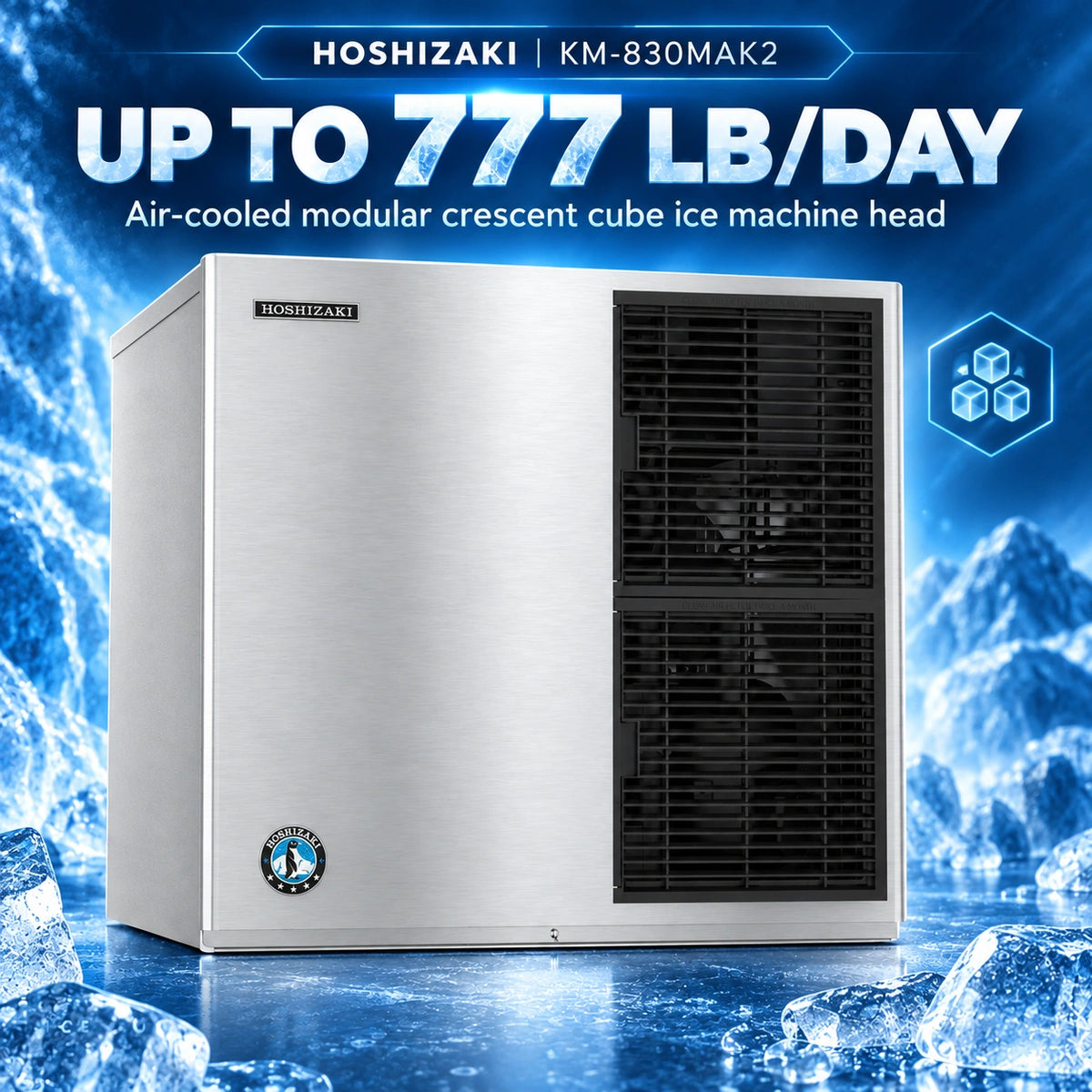 Hoshizaki KM-830MAK2 modular crescent cube ice machine head in brushed stainless steel with black front grille, shown against a blue icy background with promotional text reading 'UP TO 777 LB/DAY'.