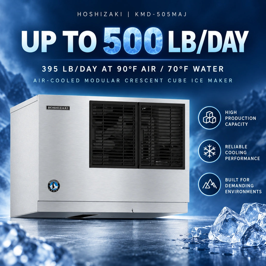 A Hobitzani commercial ice machine with a brushed stainless steel exterior, two black front ventilation grilles, and a small circular blue and white certification badge on the lower left front panel, shown against a plain white background.