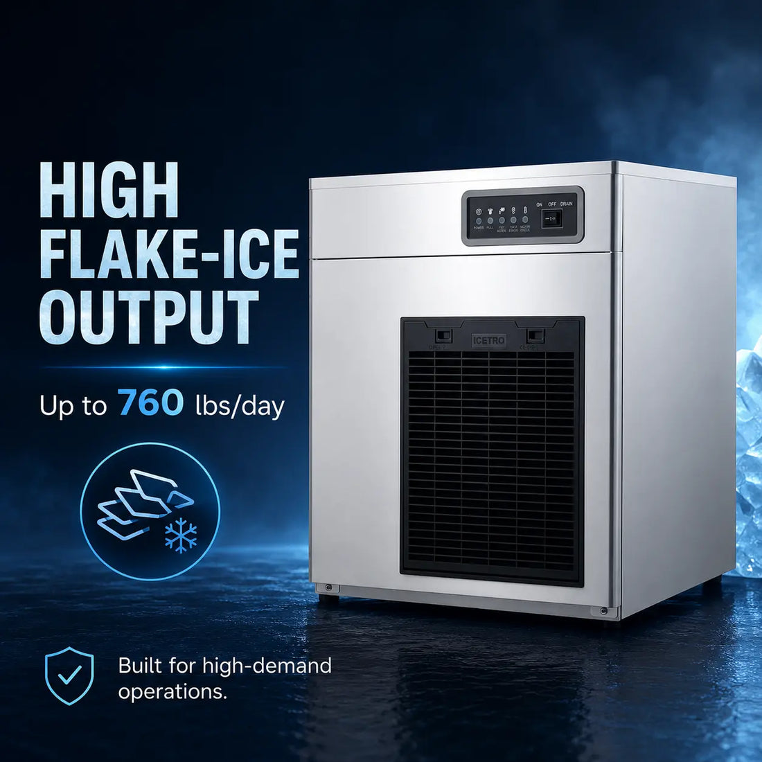 Stainless steel refrigerator with digital display on a white background