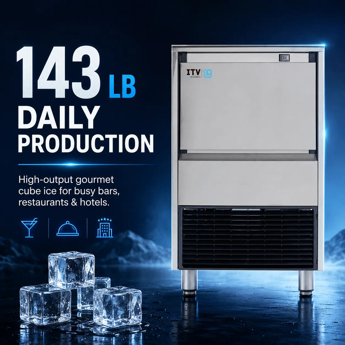 Front view of the ITV DELTA NG 150 air-cooled gourmet cube undercounter ice machine, rated at 143 lb/day.