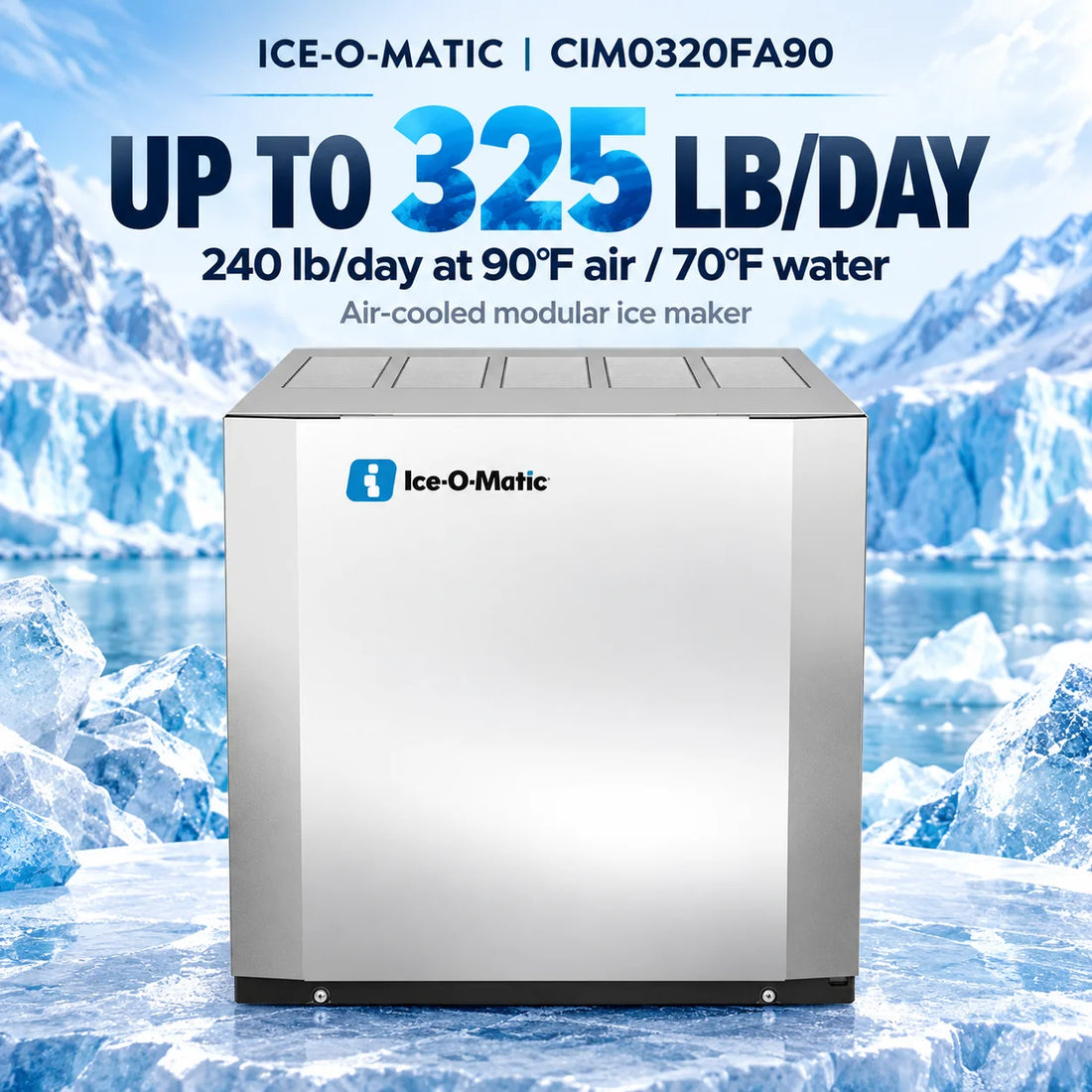 An Ice-O-Matic commercial ice machine with a brushed stainless steel exterior, shown at a three-quarter angle on a solid white background.