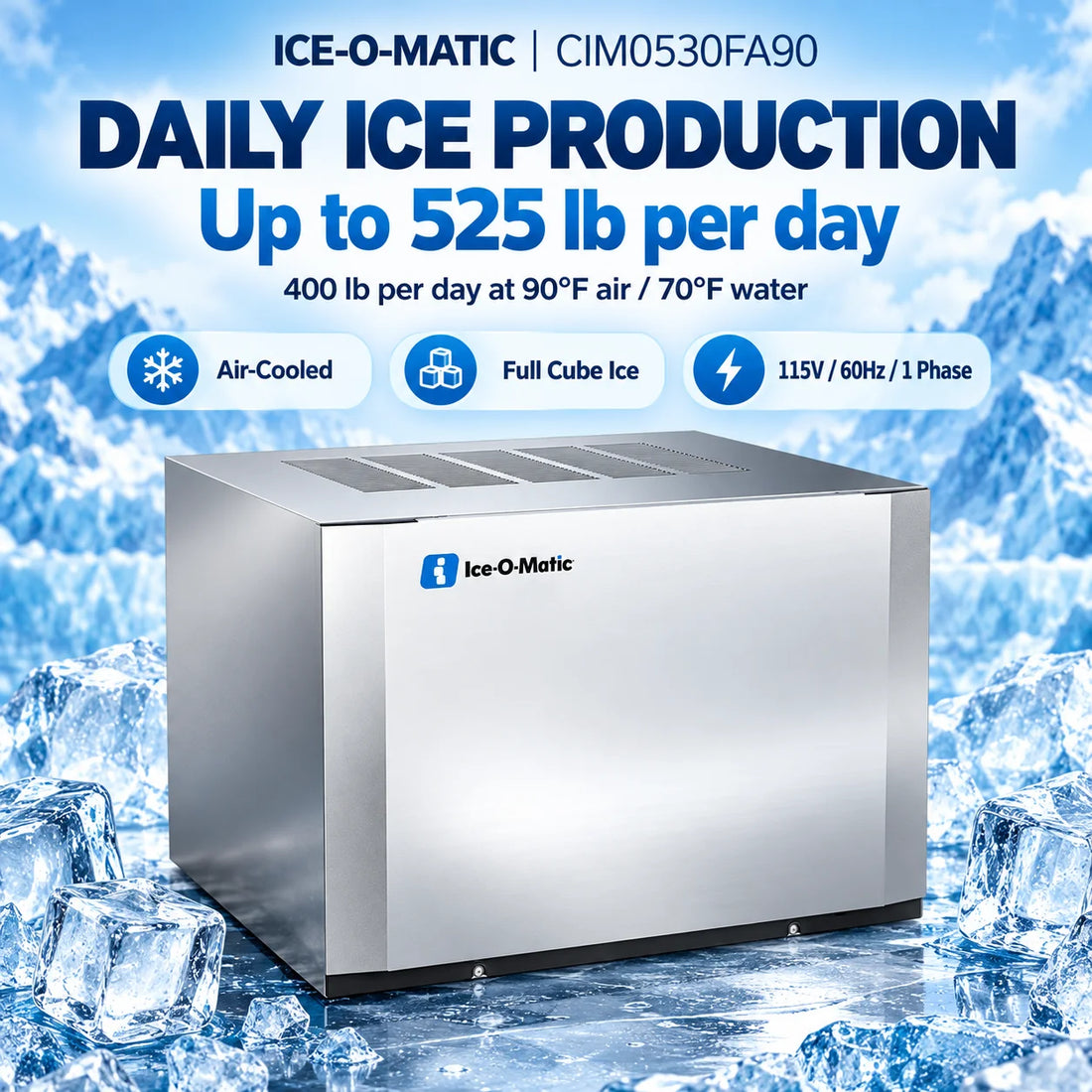 An Ice-O-Matic commercial ice machine in stainless steel, shown at a three-quarter angle on a solid white background.