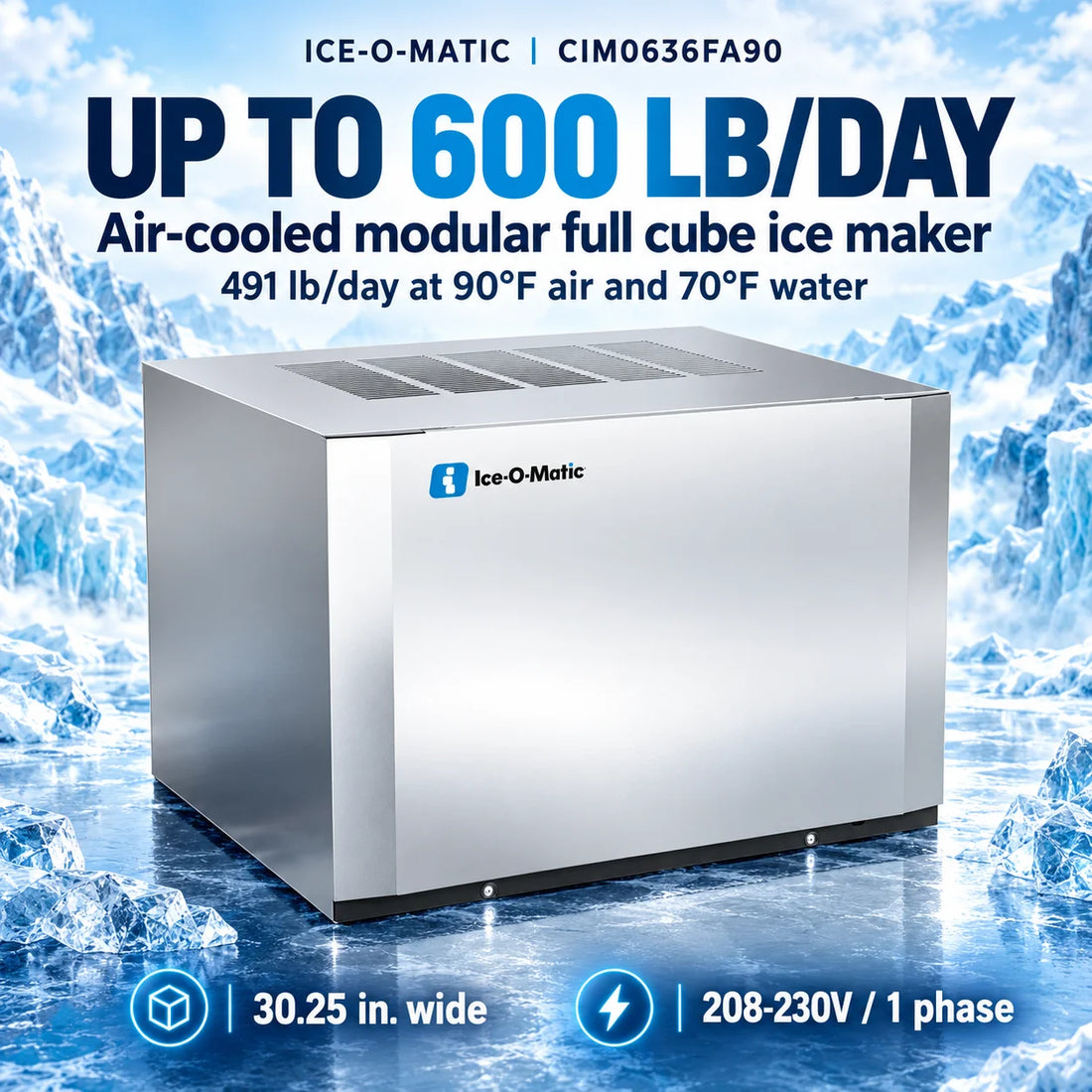 An Ice-O-Matic commercial ice machine with a brushed stainless steel exterior, shown at a three-quarter angle on a solid white background.
