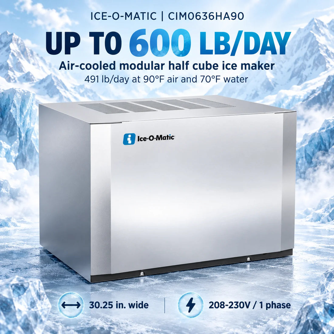 An Ice-O-Matic commercial ice machine in stainless steel, shown at a three-quarter angle on a solid white background.