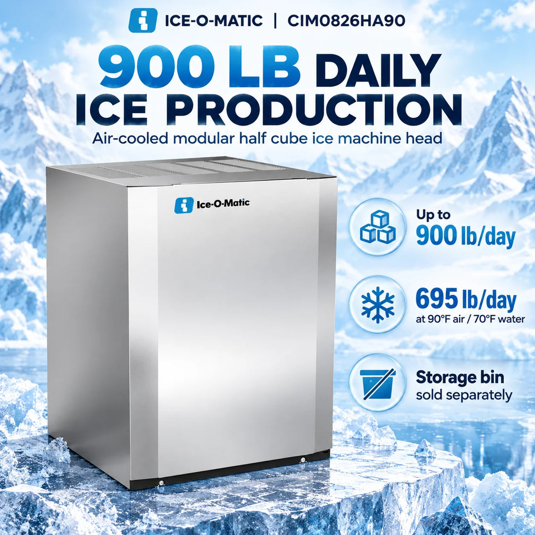 An Ice-O-Matic commercial ice machine with a brushed stainless steel exterior, black top venting grates, and a blue and white logo on the front.
