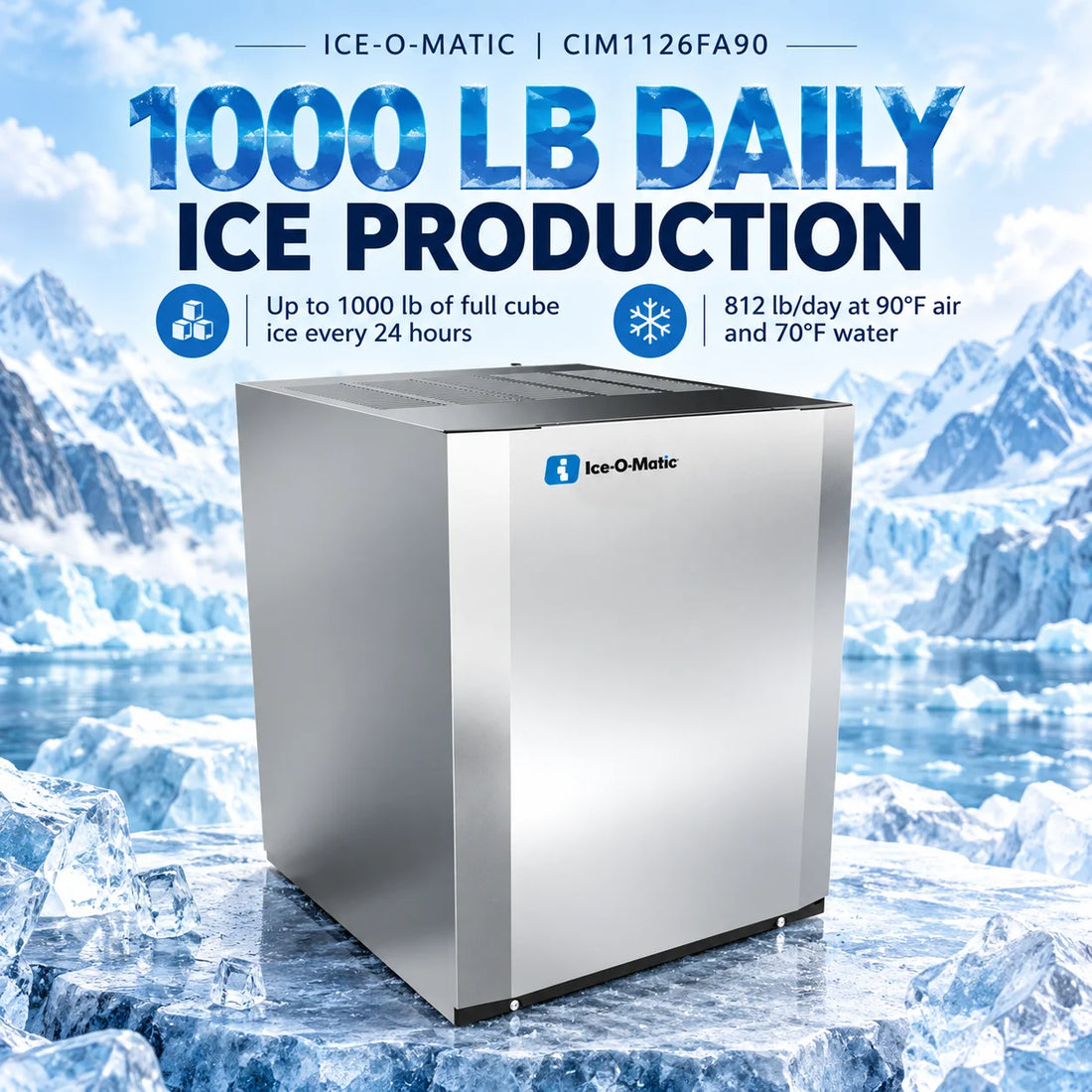 A stainless steel commercial ice machine by Ice-O-Matic, shown at a three-quarter angle on a solid white background.