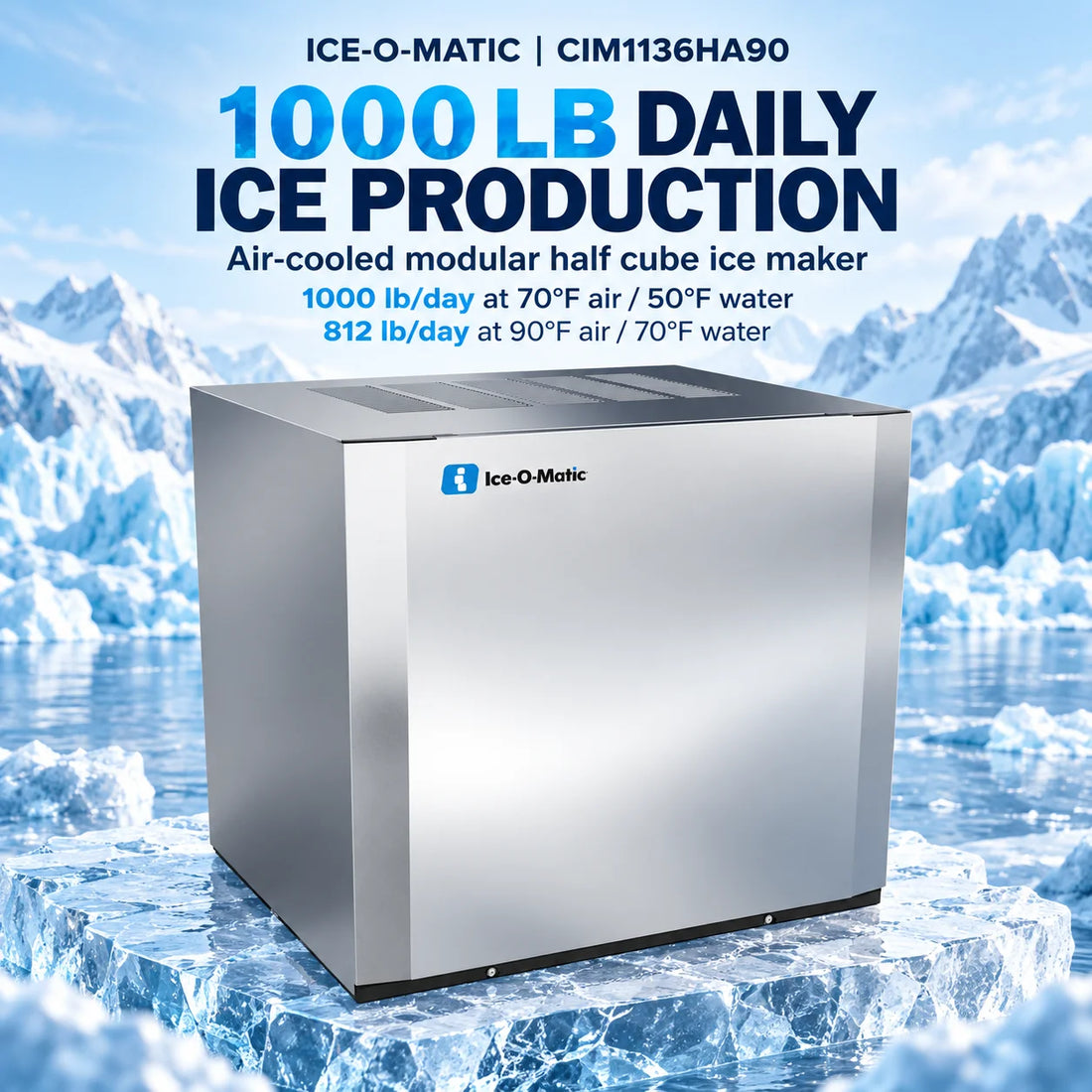 An Ice-O-Matic commercial ice machine with a brushed stainless steel exterior and a black vented top lid, shown at a three-quarter angle on a white background.