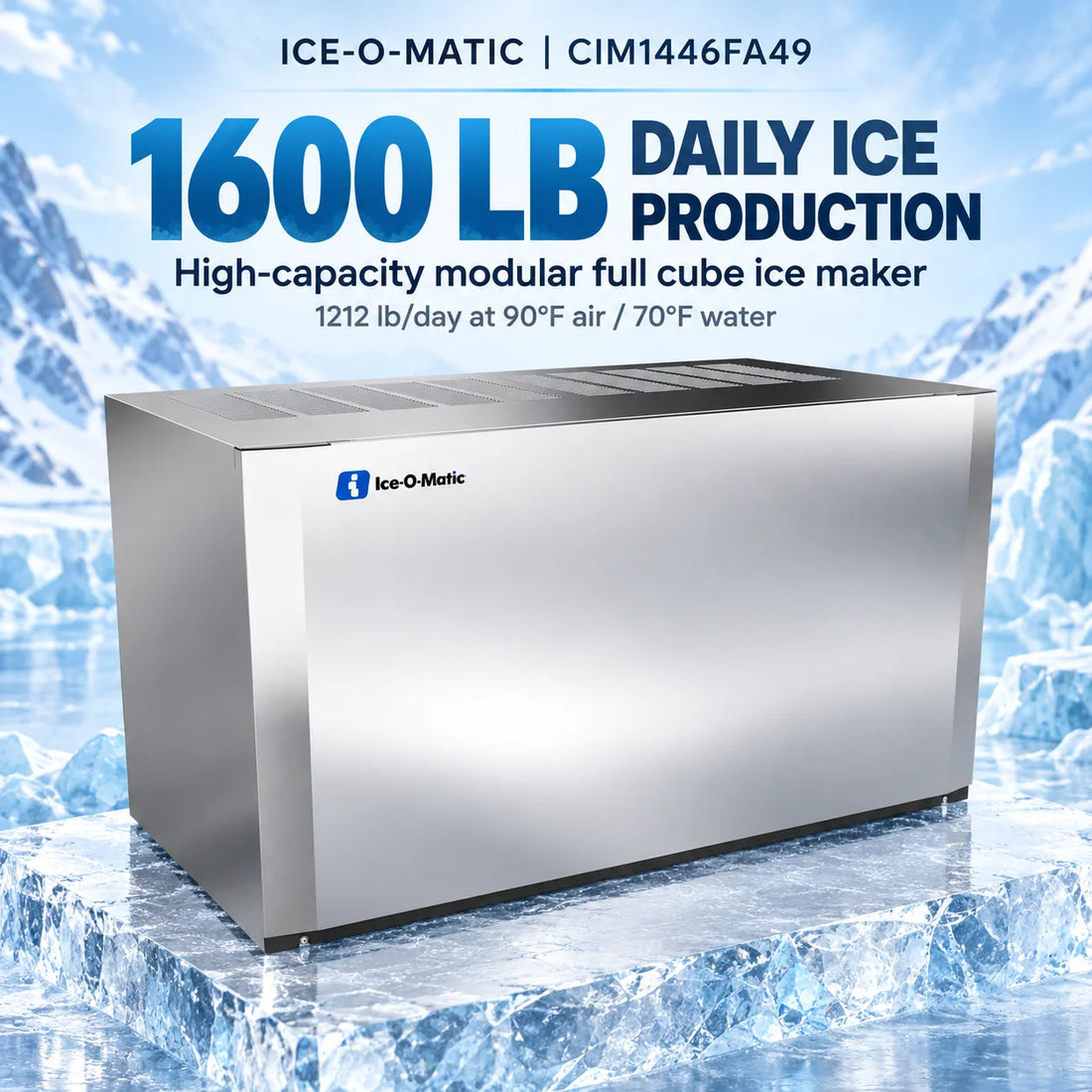 A stainless steel commercial ice machine with a brushed metal finish, featuring a black top vented plate and the Ice-O-Matic logo on the front left side, shown on a solid white background.