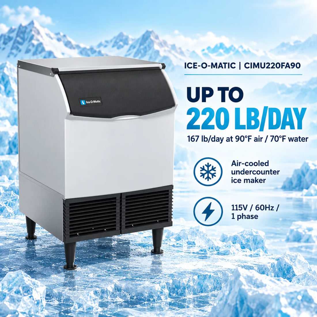 Ice-O-Matic CIMU220FA90 24.54-Inch Air-Cooled Full Cube Undercounter Ice Maker - 220 lb/Day with 74 lb Bin