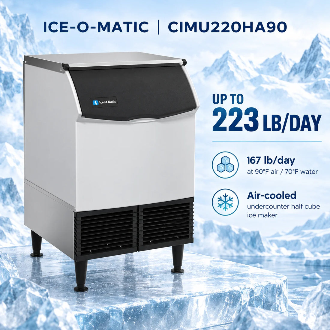 Ice-O-Matic CIMU220HA90 24.54-Inch Air-Cooled Half Cube Undercounter Ice Maker - 223 lb/Day with 74 lb Bin