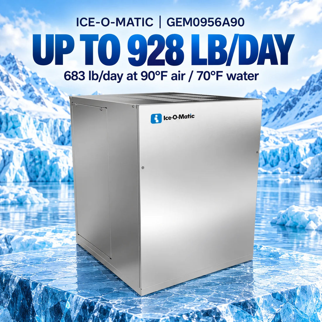 An Ice-O-Matic stainless steel commercial refrigerator or freezer unit, shown at a three-quarter angle on a solid white background.
