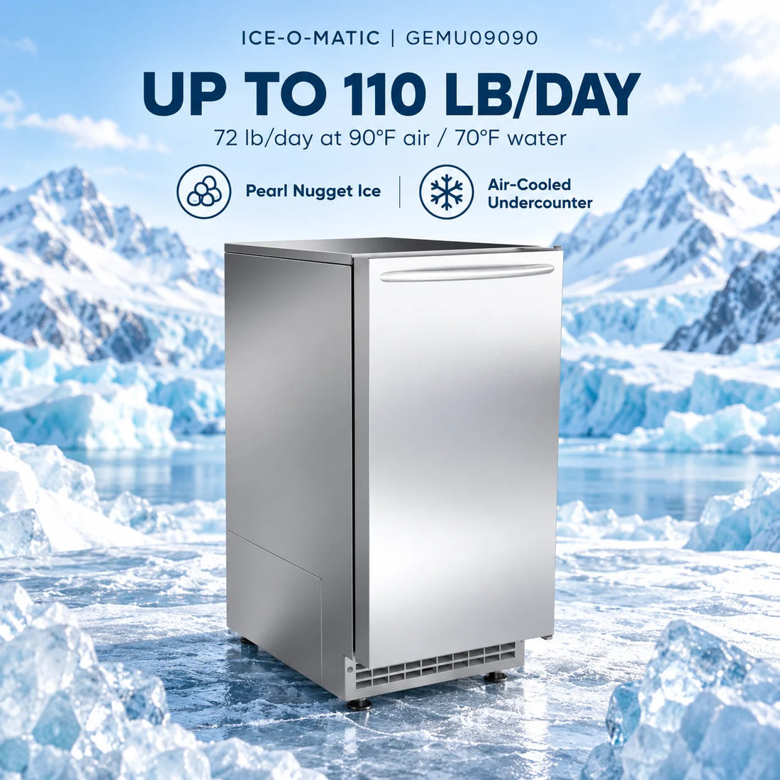 Ice-O-Matic GEMU09090 15-Inch Air-Cooled Pearl Nugget Undercounter Ice Maker - 110 lb/Day with 26 lb Bin