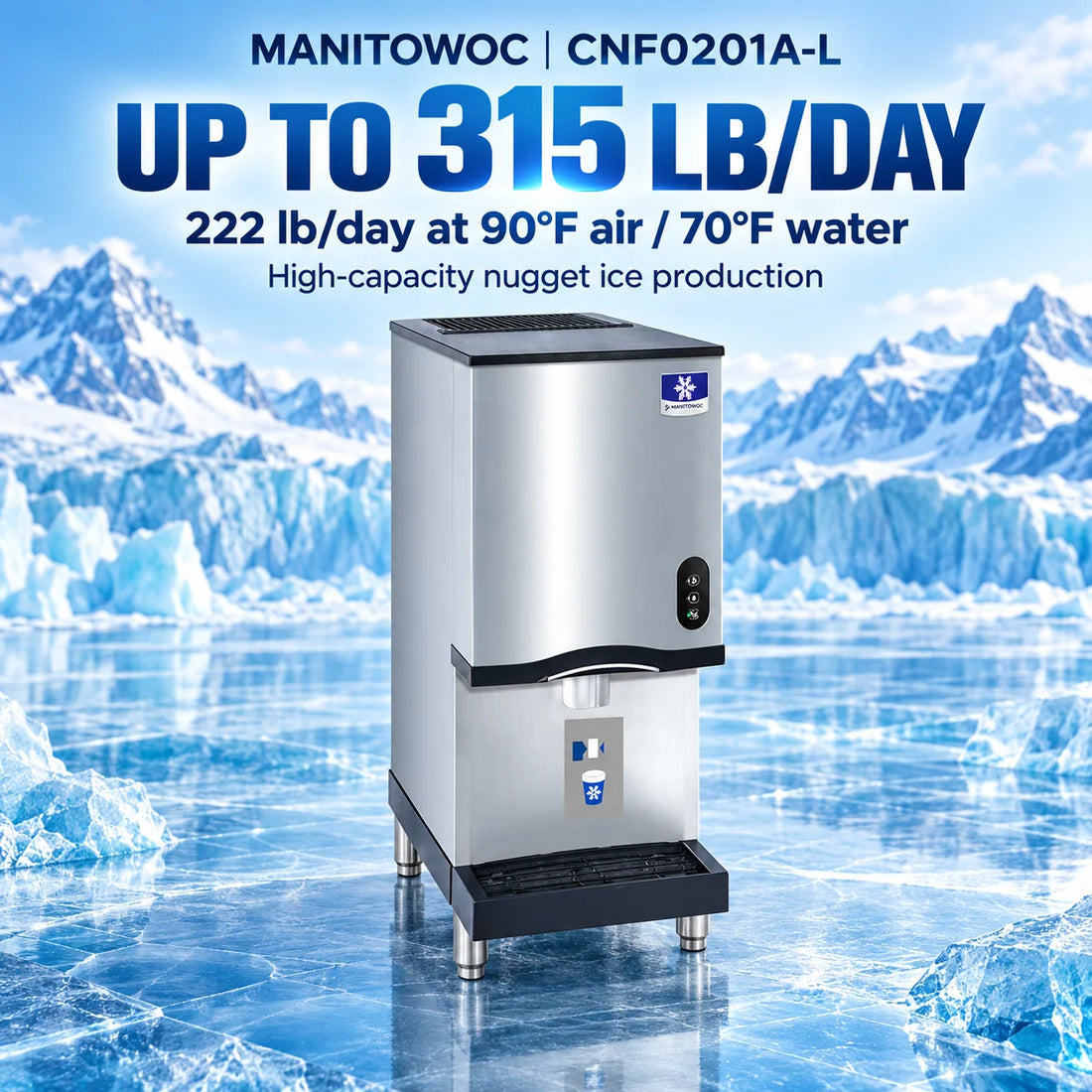 A commercial stainless steel ice machine with a brushed silver body, black top and drip tray, and a small blue-and-white logo badge on the upper right front.