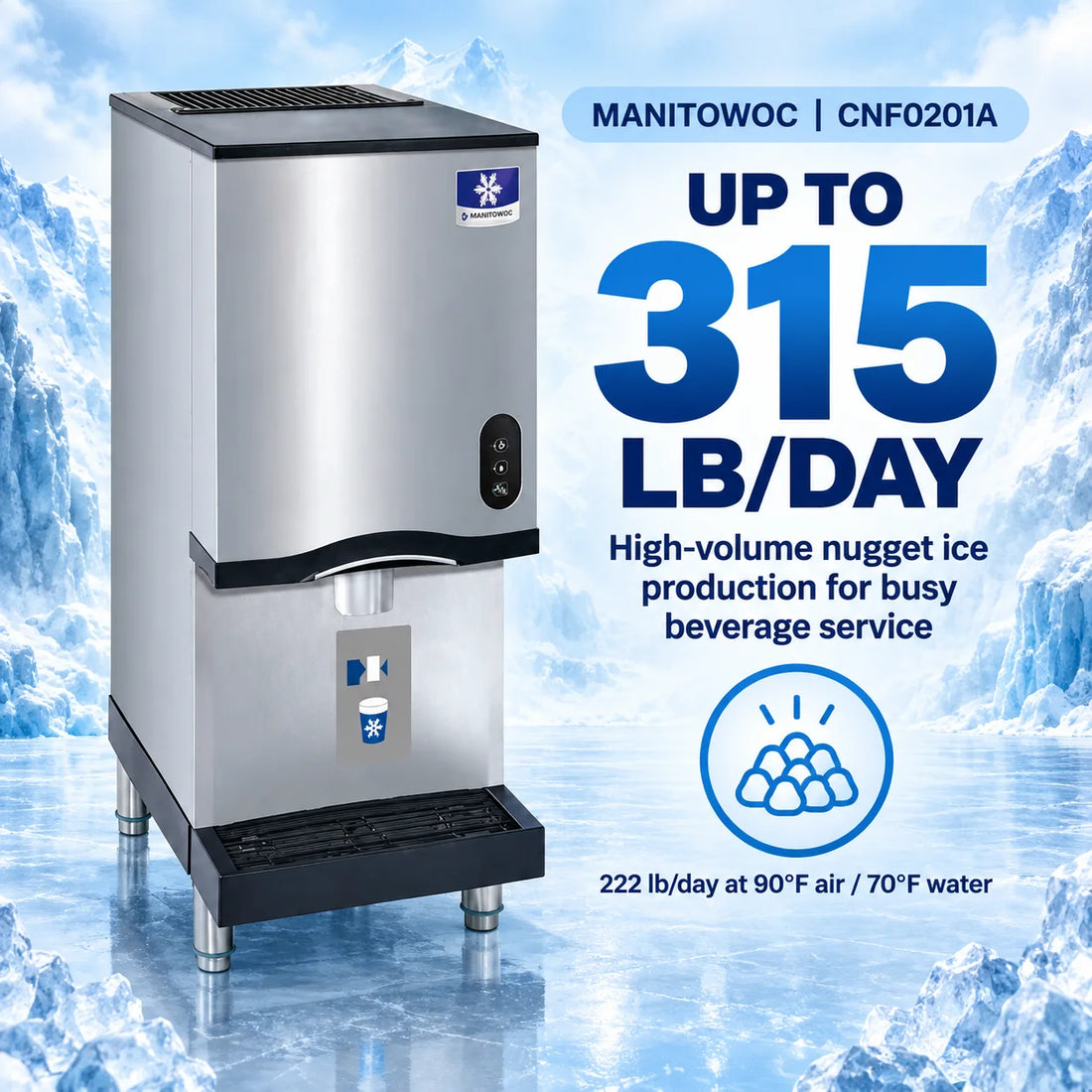 A commercial countertop water dispenser with a brushed stainless steel body, black top and drip tray, and a small blue-and-white logo badge on the upper right front.