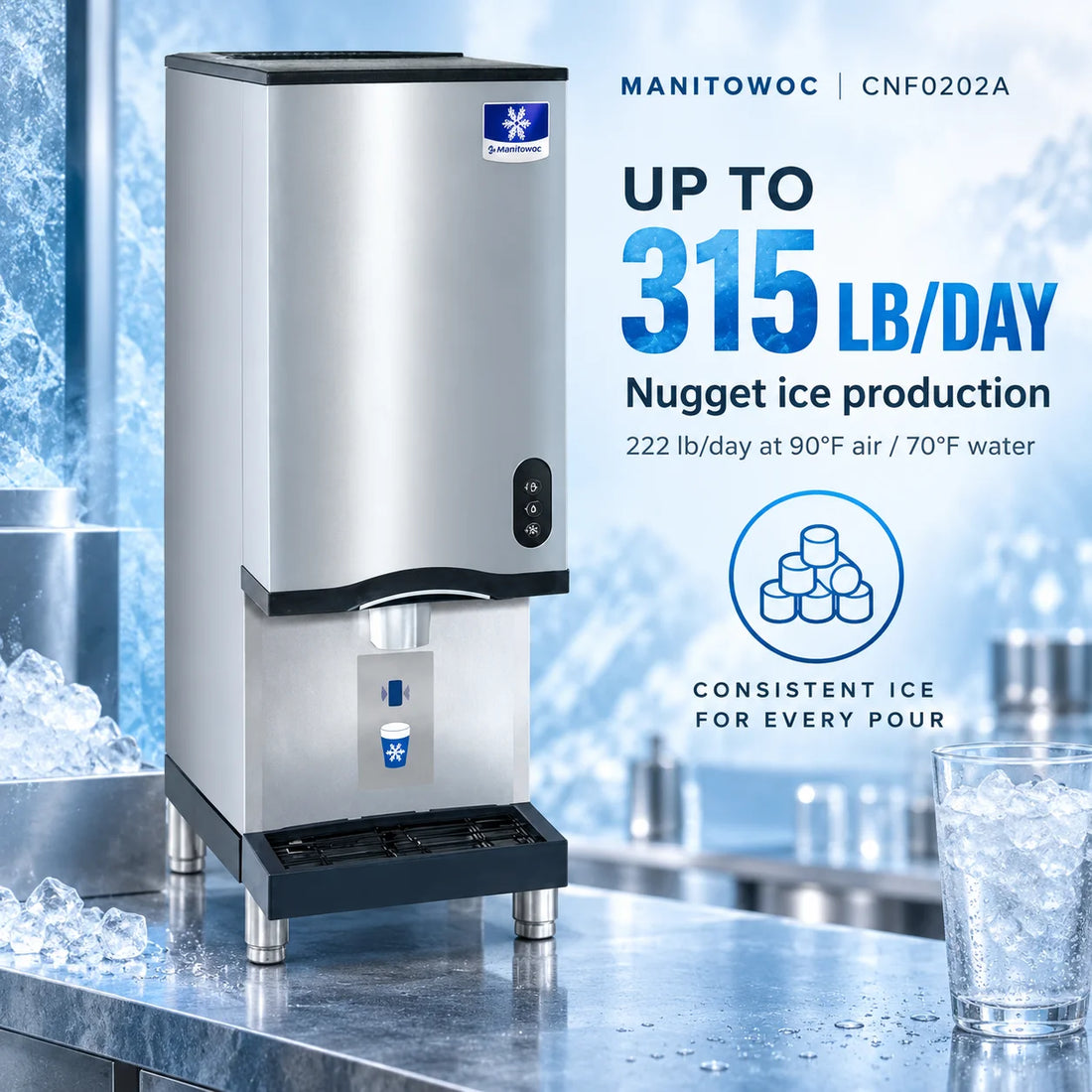 A commercial stainless steel hot and cold water dispenser with a black drip tray and feet, featuring a blue and white logo on the upper right and a small blue logo on the dispenser button area.