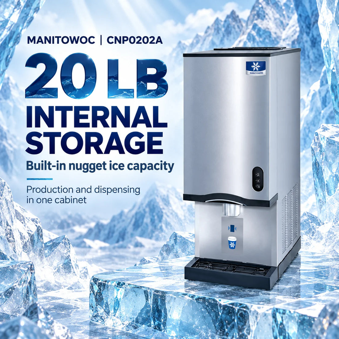 A stainless steel commercial ice machine with a dark gray base and top, featuring a blue and white logo badge on the upper front.