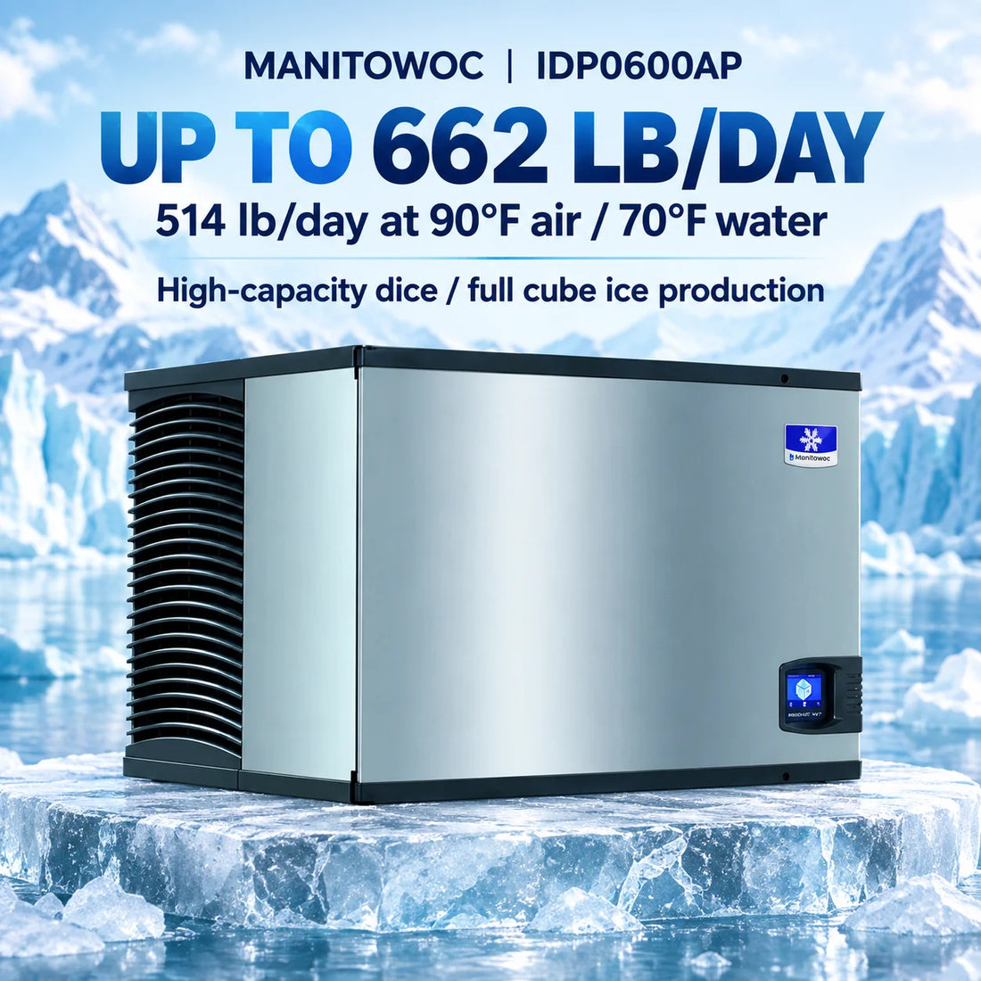 Commercial ice maker with a visible brand logo on a white background