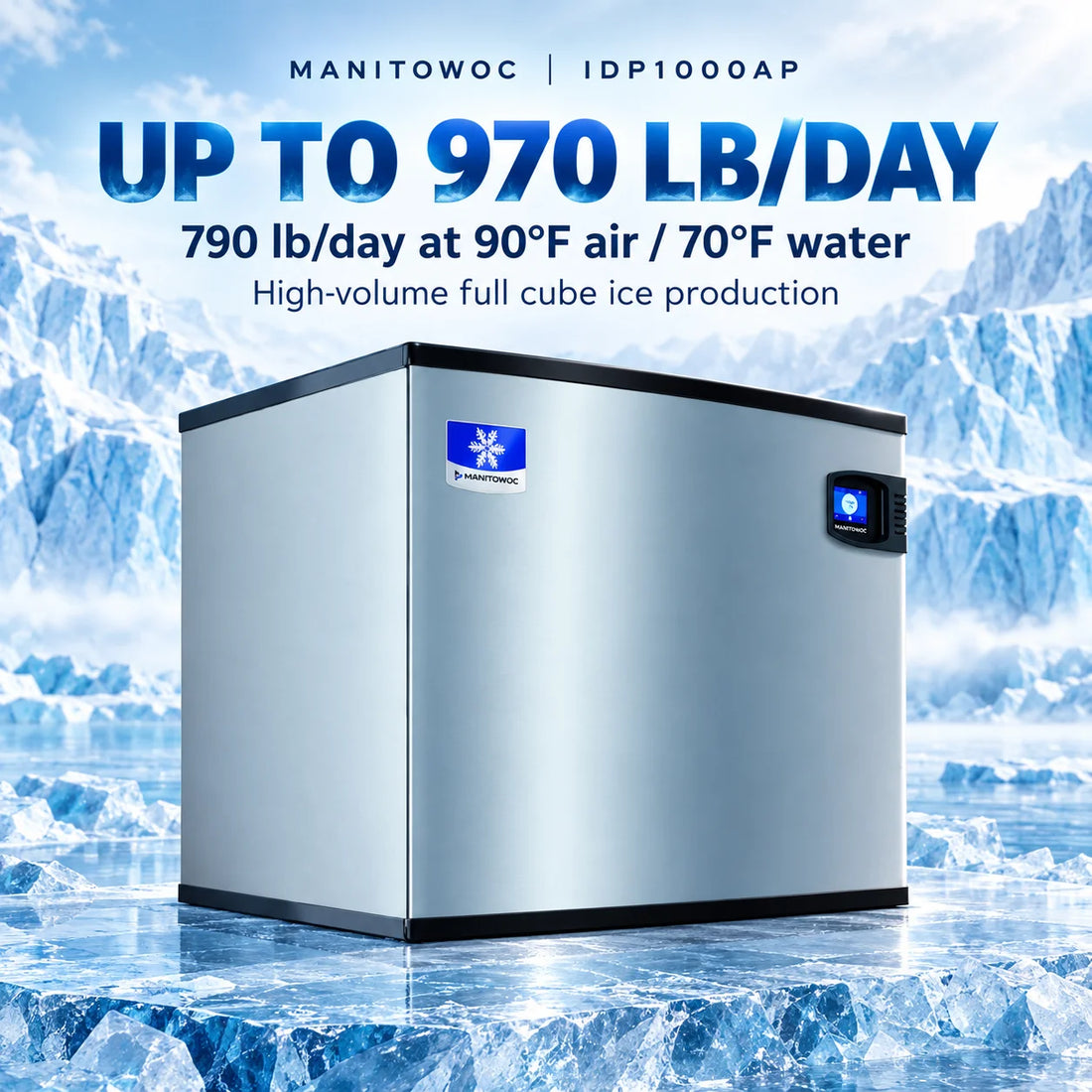 A stainless steel portable ice maker machine with a blue and white logo on the front and a small digital display on the upper right, isolated on a white background.