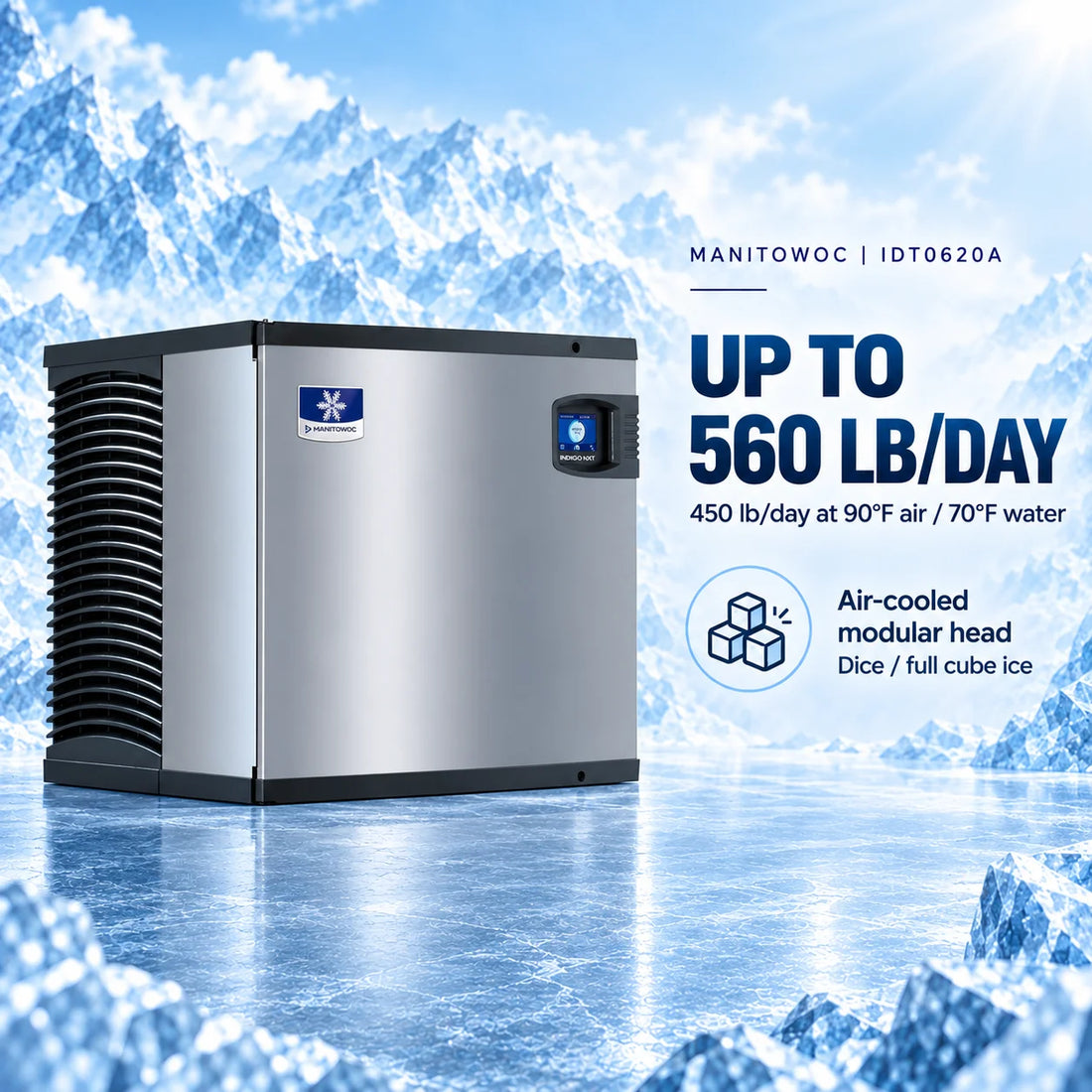 A MANITOWOC modular ice machine with a brushed silver metal exterior and black vents, set against a stylized icy mountain background with promotional text highlighting up to 560 lb/day capacity.