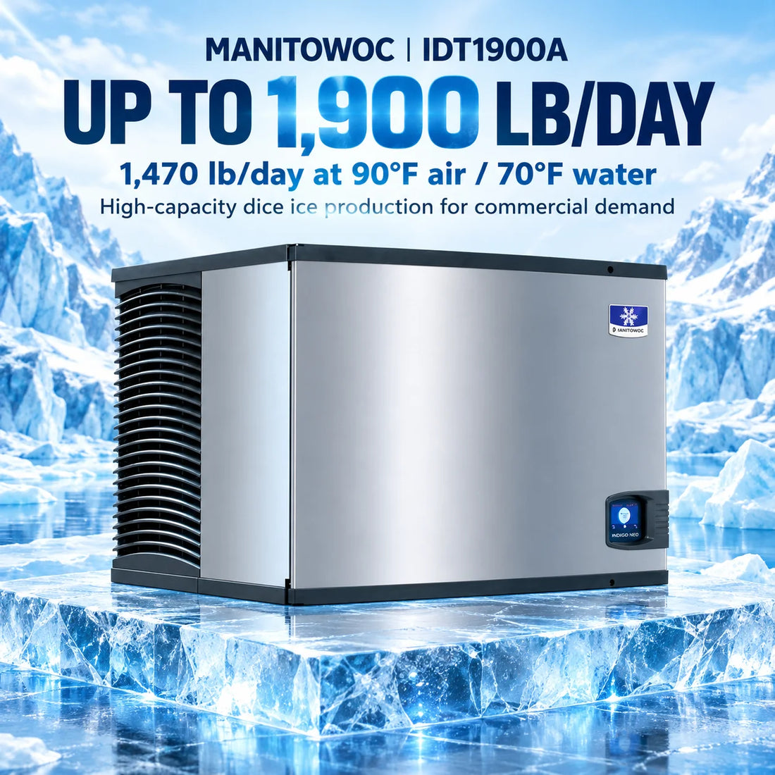 A stainless steel ice machine with a black vented side panel, a small blue brand badge, and a digital display on the front right, shown on a plain white background.