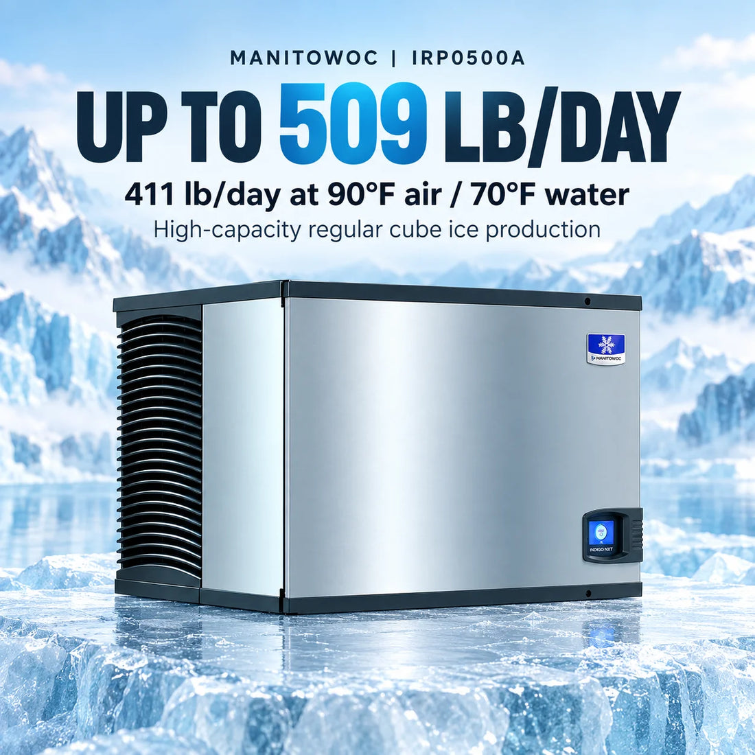 A stainless steel ice machine with a black vented side panel, a small blue digital display, and a blue and white logo badge on the upper right front, shown on a plain white background.