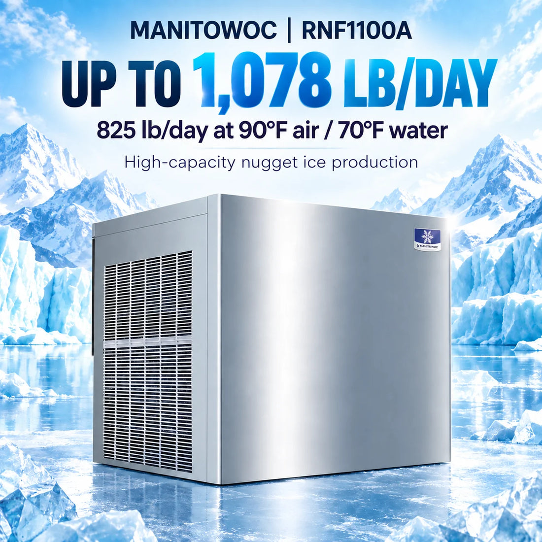 A stainless steel commercial ice machine with a front grille and a small blue and white logo badge on the upper right side, shown against a plain white background.