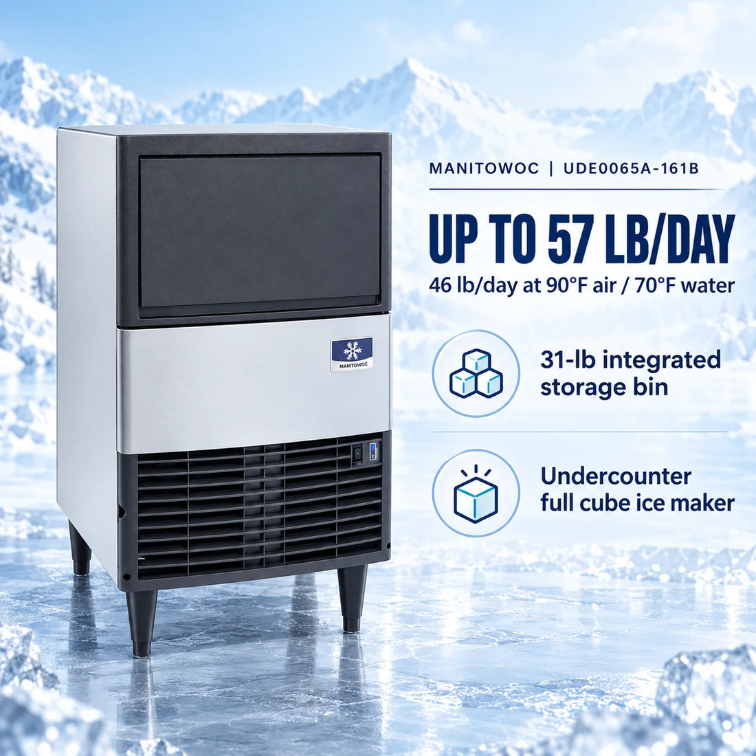 Manitowoc UDE0065A NEO Undercounter Full Dice Cube Ice Maker - 57 lb/Day with 31 lb Bin, Air-Cooled