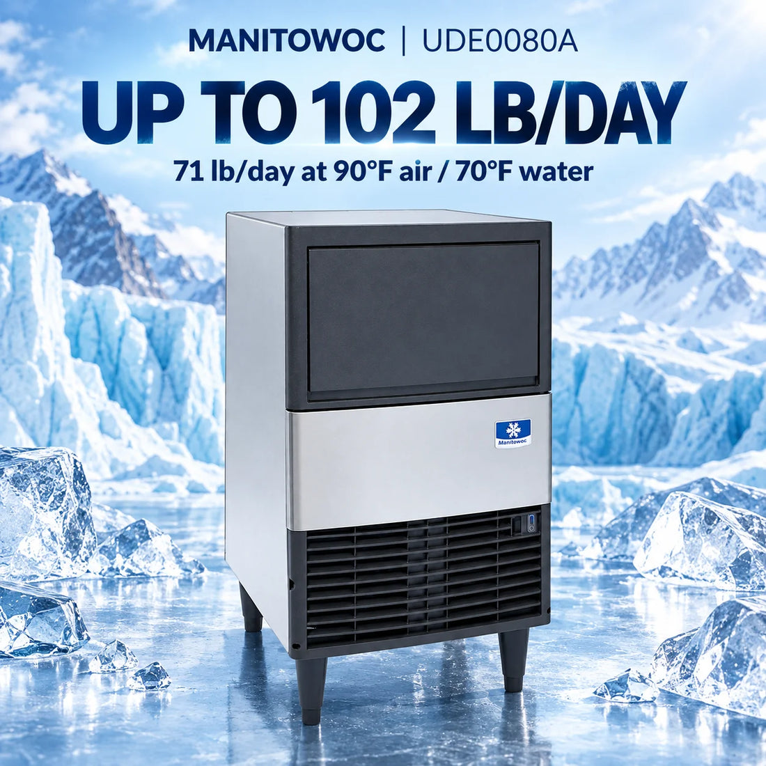 A commercial ice machine with a stainless steel front panel, black upper door, black lower vented section, and black legs, photographed on a plain white background.
