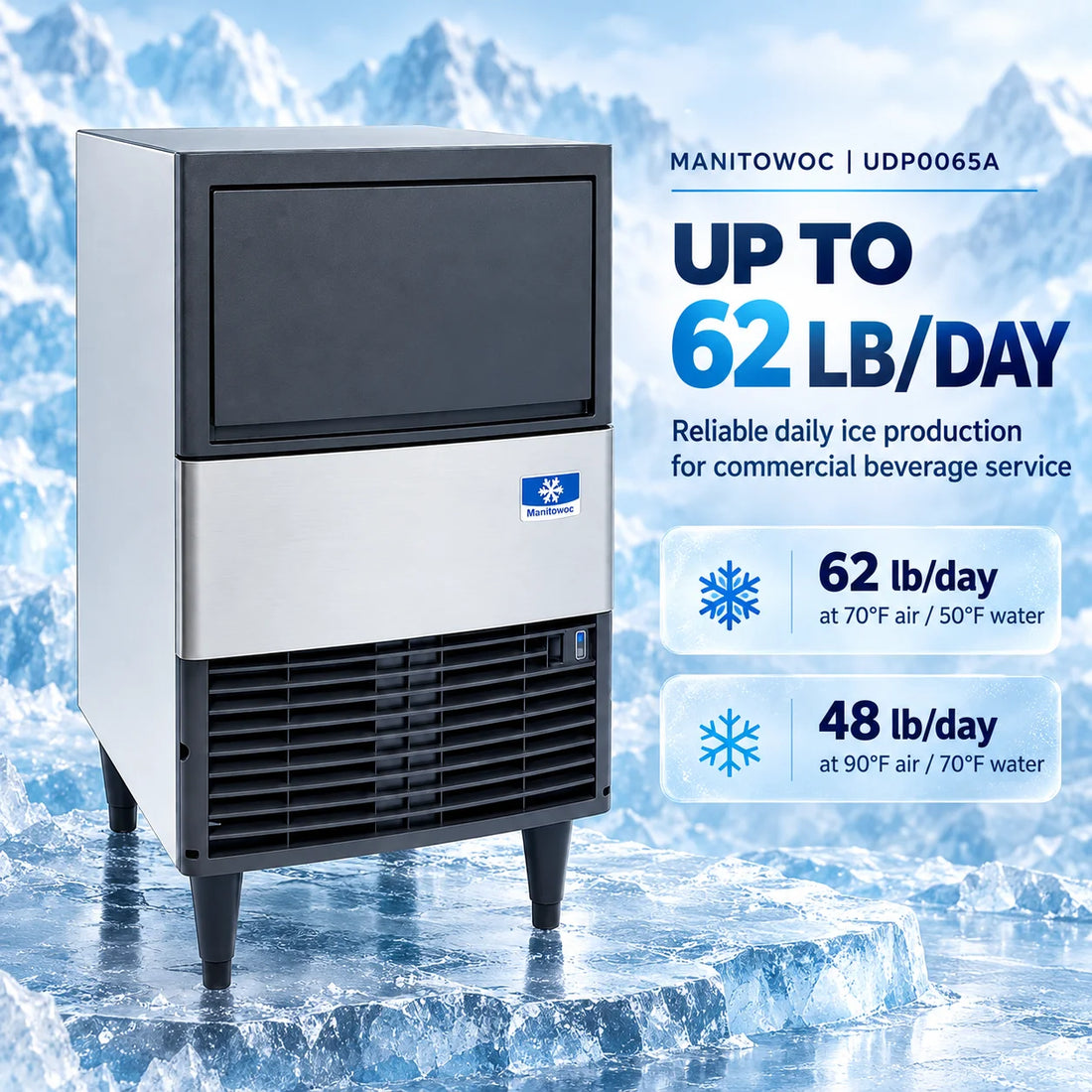 Manitowoc UDP0065A NEO Undercounter Full Dice Cube Ice Maker - 62 lb/Day with 31 lb Bin, Air-Cooled