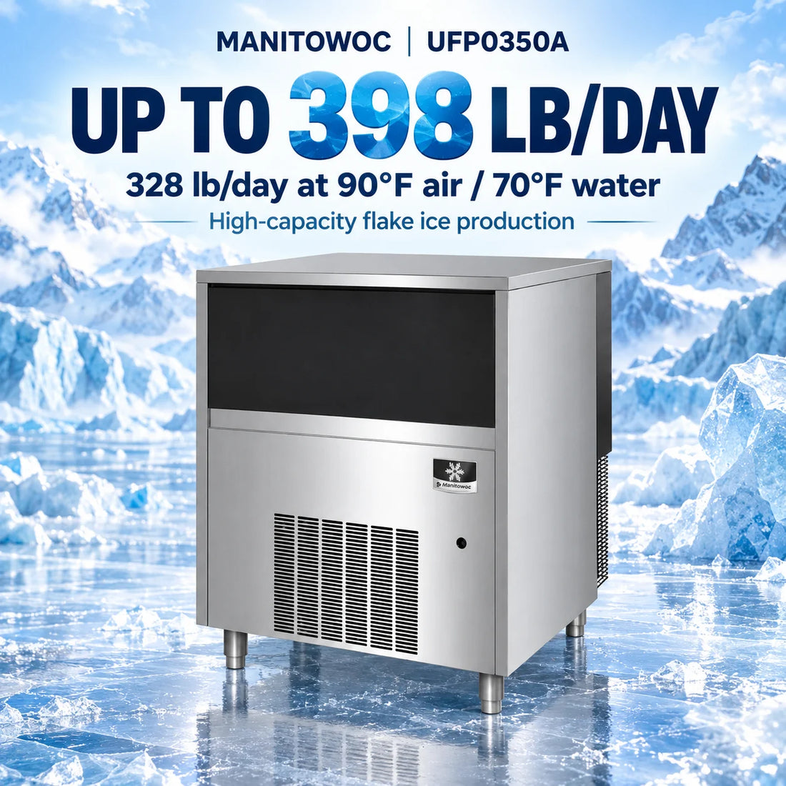 A stainless steel commercial ice machine with a black front panel, vented lower section, and visible brand badge, isolated on a white background.