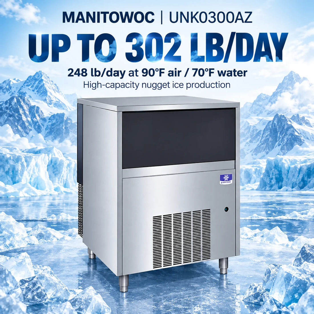 A stainless steel commercial ice machine with a black front panel, ventilation grilles on the lower front, and metal legs, shown on a plain white background.
