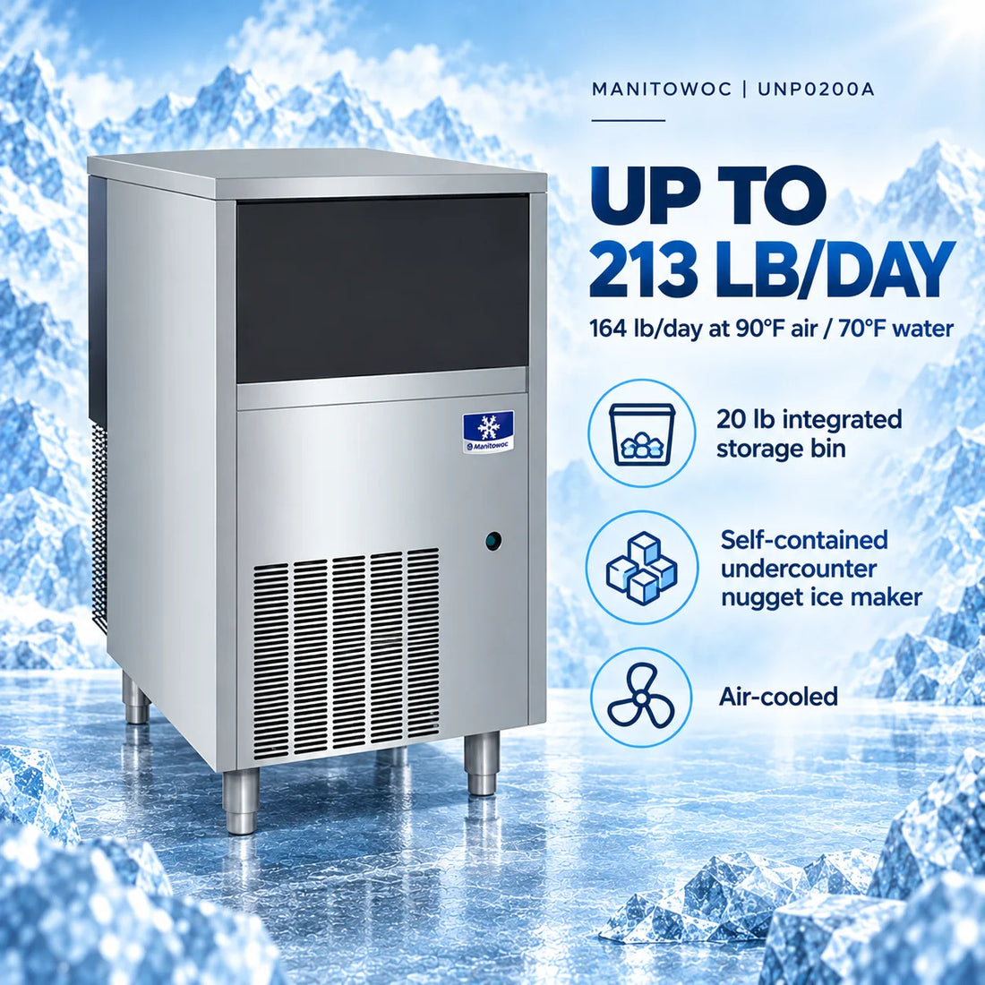 Manitowoc UNP0200A Undercounter Nugget Ice Maker - 213 lb/Day with 20 lb Bin, Air-Cooled