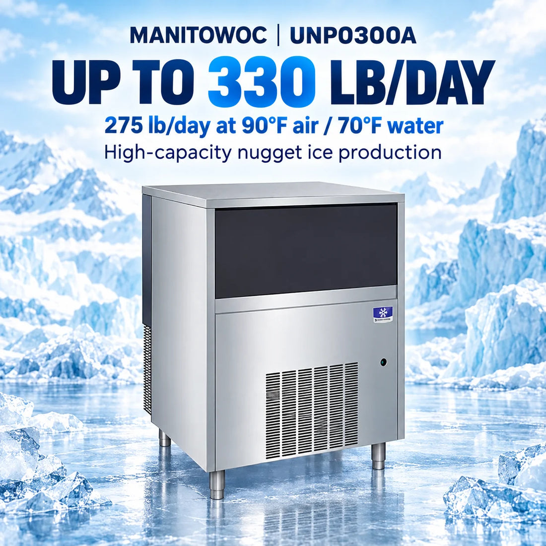 Manitowoc UNP0300A Undercounter Nugget Ice Maker - 330 lb/Day with 50 lb Bin, Air-Cooled