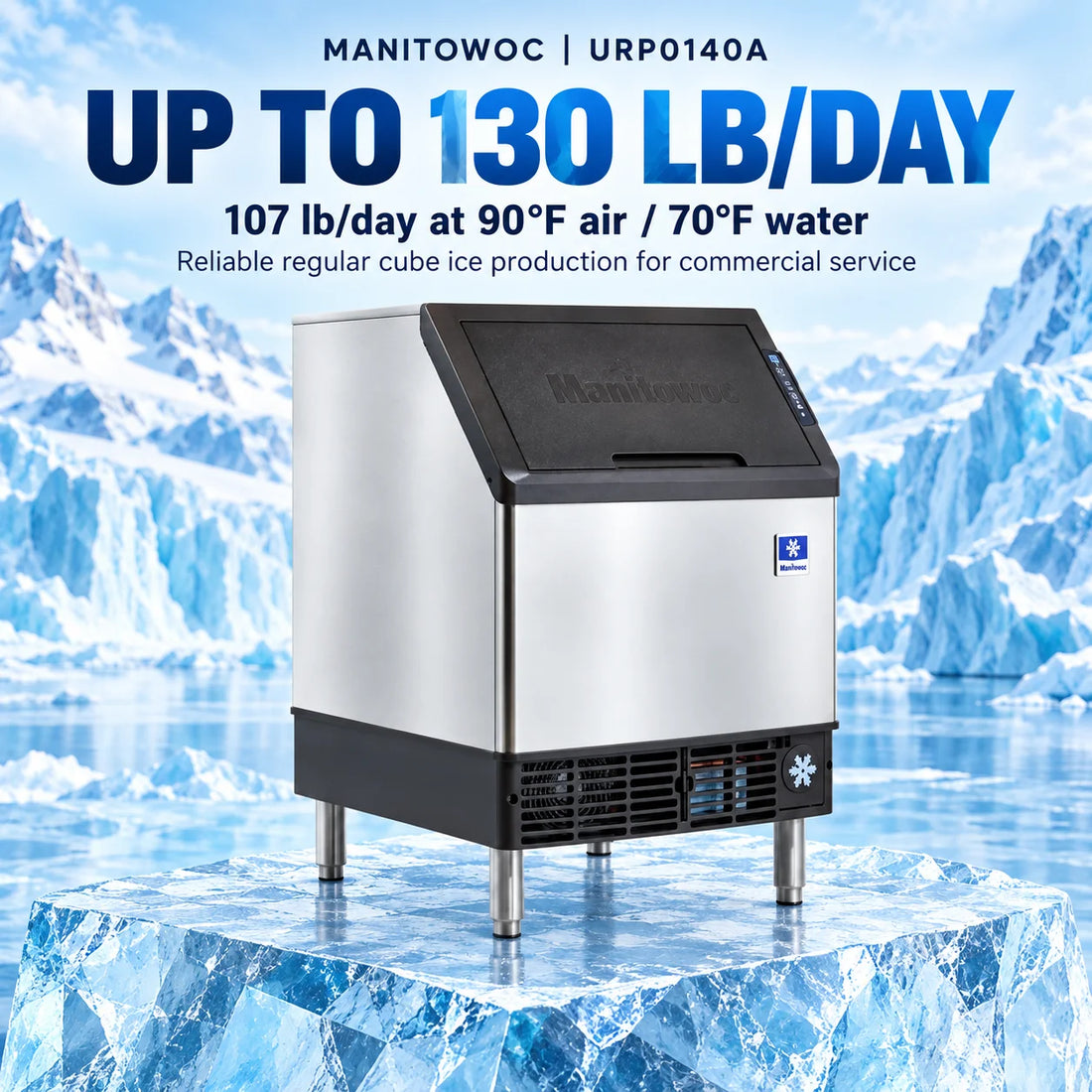 A commercial countertop ice machine with a brushed stainless steel body and black top lid and base trim, shown on a plain white background.