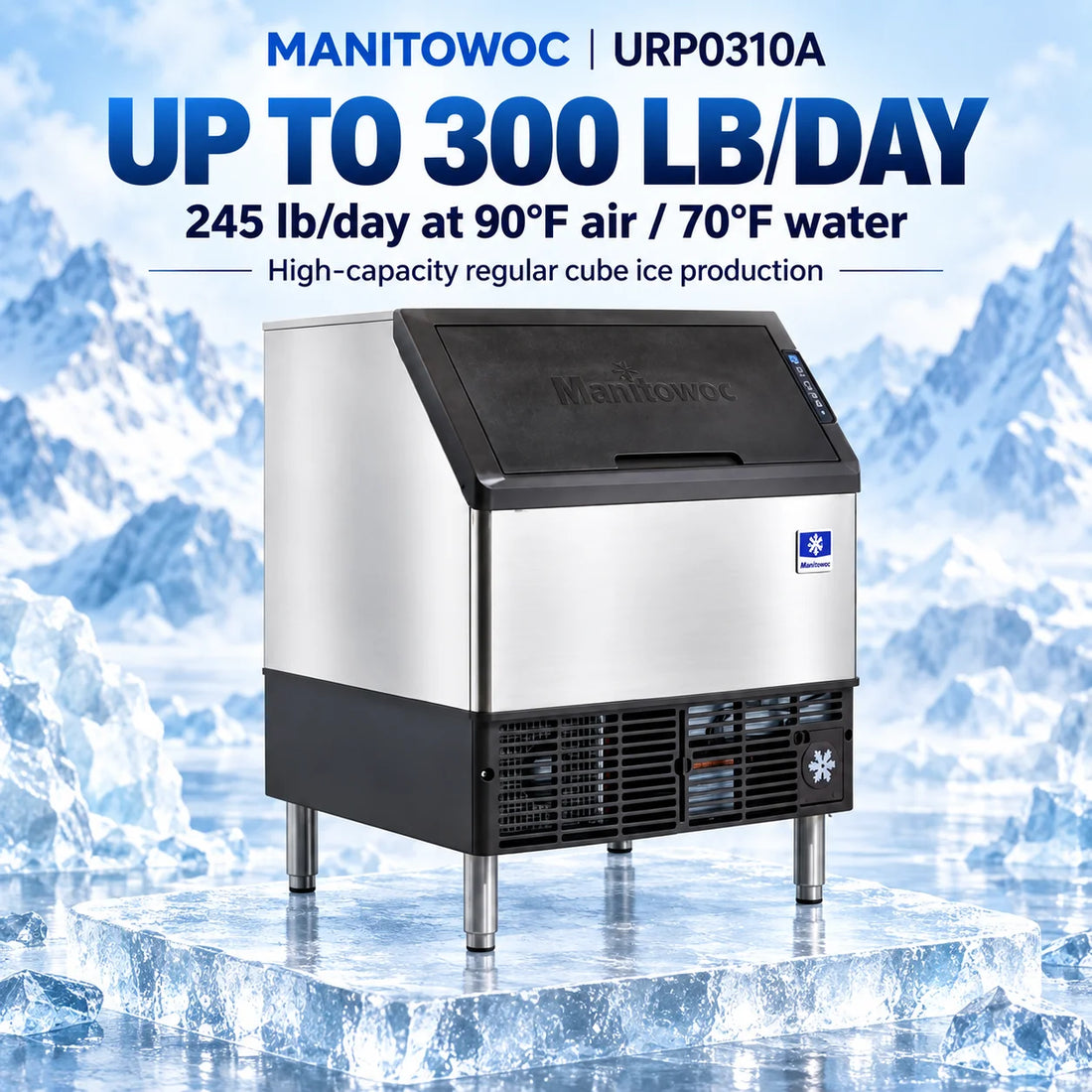 A commercial ice machine with a stainless steel body, black top lid, and black lower base, standing on metal legs against a plain white background.
