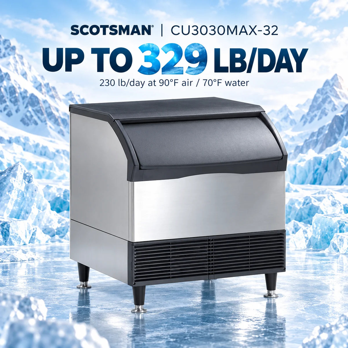 Scotsman CU3030MAX-32 Undercounter Ice Machine - 329 lb/Day Medium Cube with 110 lb Bin, 30 Inch Air-Cooled