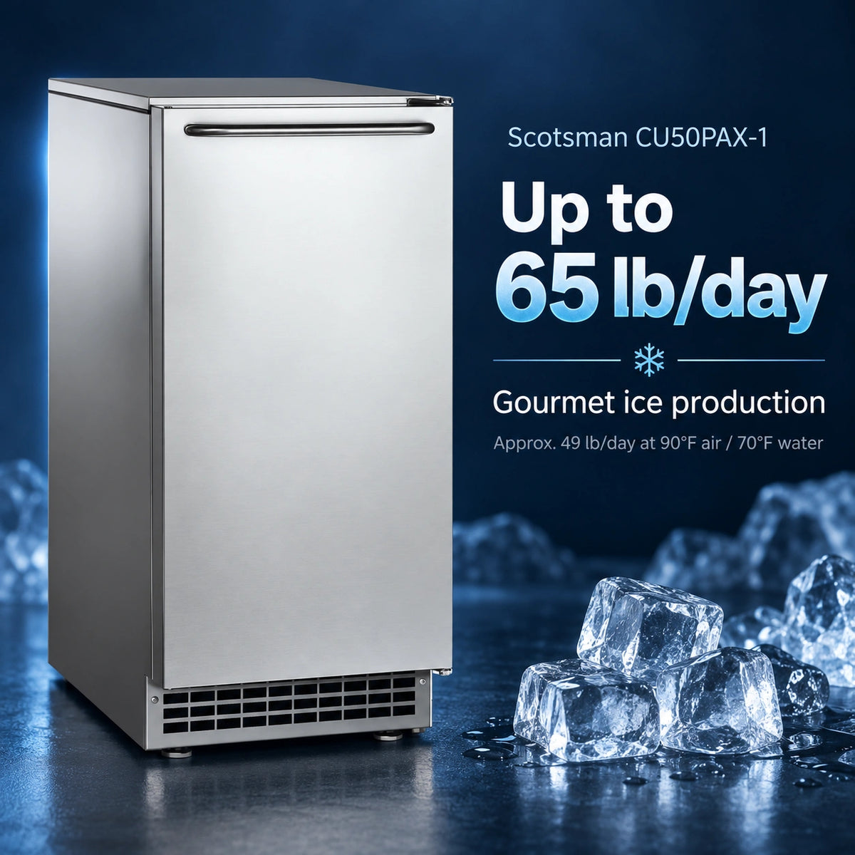 Scotsman CU50PAX-1 Undercounter Ice Machine - 65 lb/Day Gourmet Cube with 26 lb Bin, 15 Inch Air-Cooled