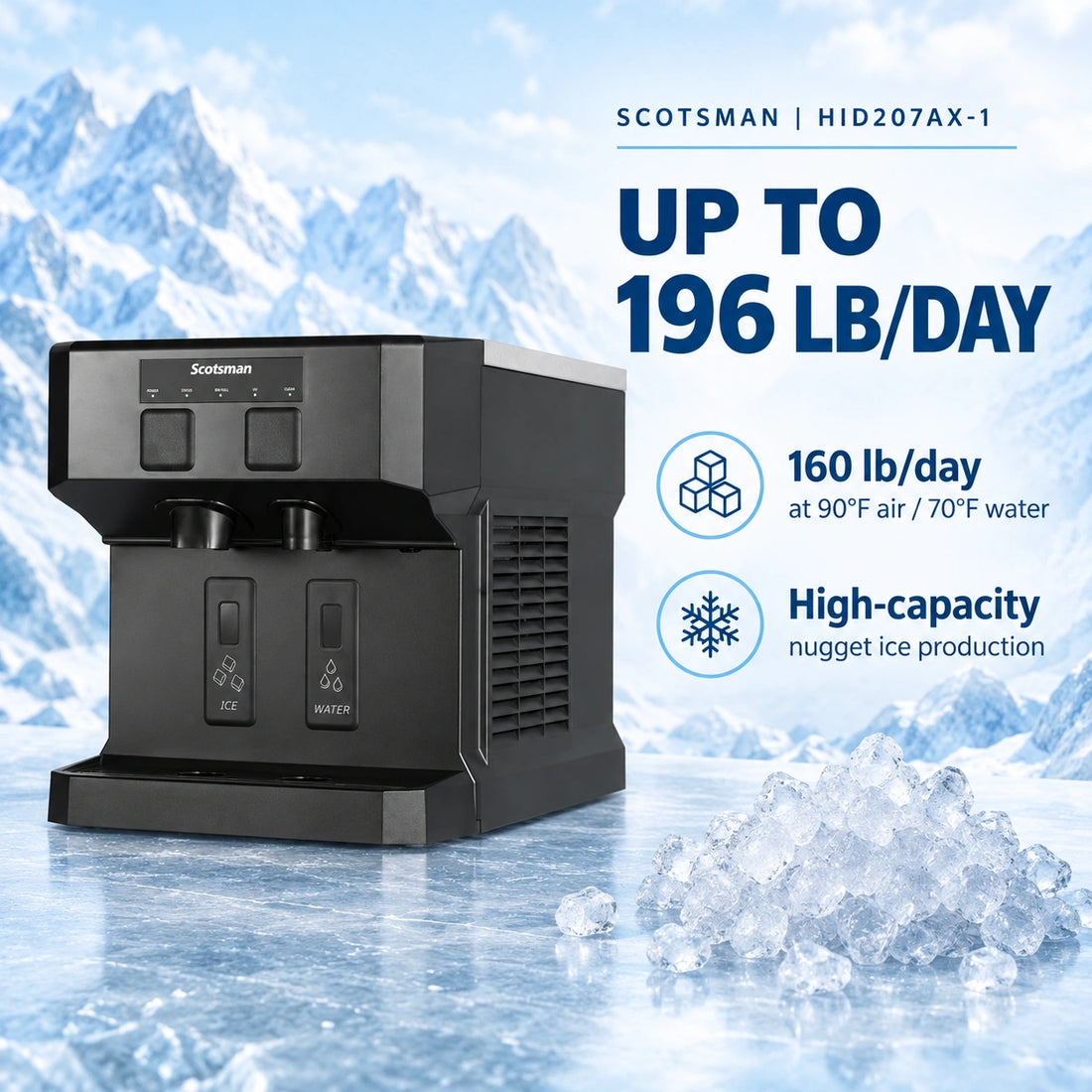 A black commercial soft drink dispenser with two spouts, labeled SCOTSMAN on the front panel, featuring ice and water buttons, set against a plain white background.