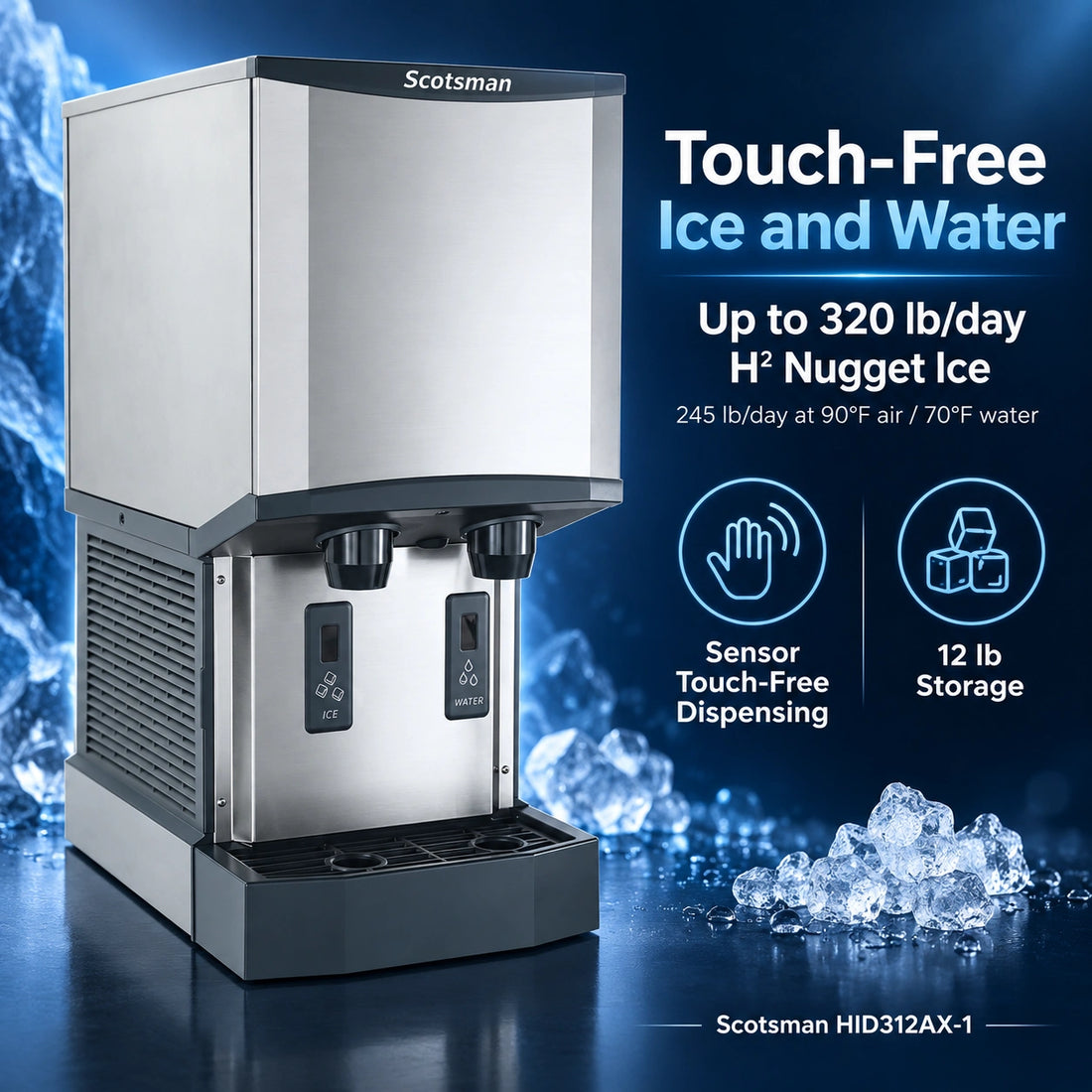 A commercial ice machine by Scotsman, featuring a brushed stainless steel body with dark gray accents, dual dispensers, and a drip tray, shown on a plain white background.