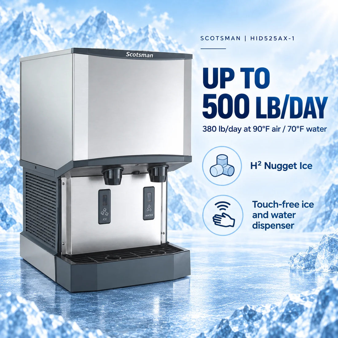 A commercial ice machine by Scotsman, featuring a brushed stainless steel body with dark gray accents, drip tray, and water inlet covers, shown on a plain white background.